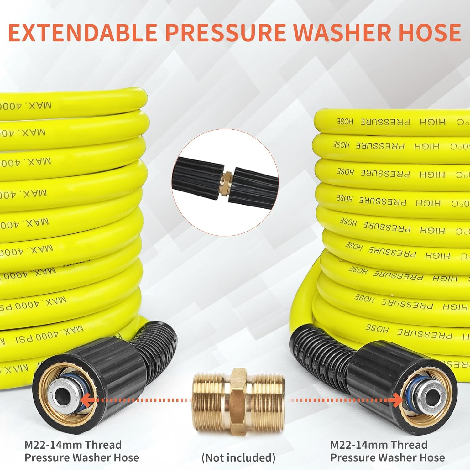 Kink Resistant Pressure Washer Hose 15M 1/4" M22 Brass Fitting Power Washer Hose Replacement for Ryobi, Troy Bilt, Greenworks, Craftsman Most Brand Power Washer, 3200 PSI image number 3
