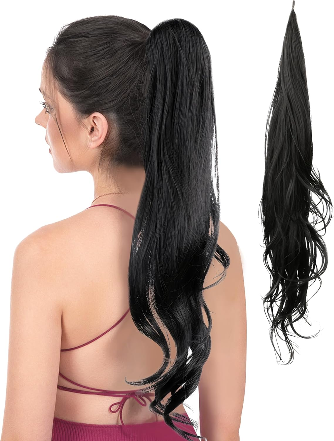 Flexible Wrap around Ponytail Hair Extensions Long Wavy Curly Hair Extensions Natural Ponytail Fake Pony Tail Natural Black Synthetic Ponytails Hairpiece for Women Daily Use Black