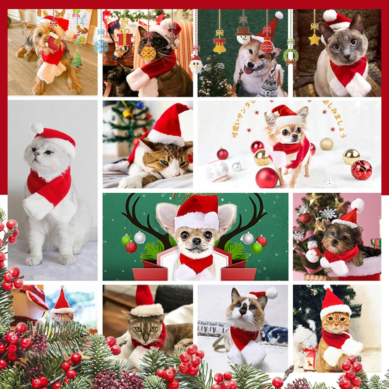 2 PCS Hat & Scarf Pet Costumes Christmas Pet Dress up Pet Cosplay Cat and Dog Costumes for Party (L-6) image number 4