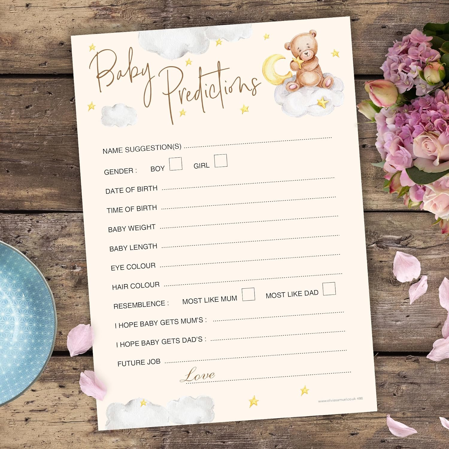 20 X A5 Baby Prediction Cards Teddy Bear Themed Baby Shower Game &ndash; Unisex &ndash; Made in the UK image number 1