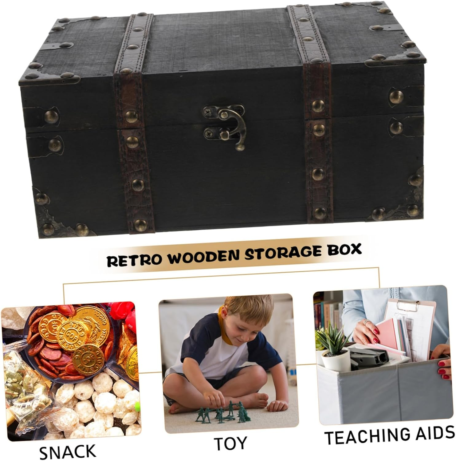 Kichvoe Retro Jewelry Case Storage Box Wooden Jewelry Organizer Latch Lock for Girls image number 1