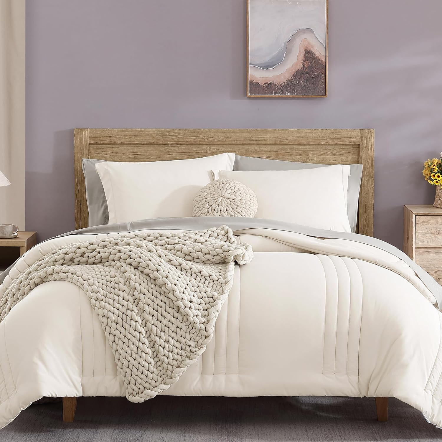 Monbix California King Size Comforter Set - 7 Pieces Bed in a Bag California King, White Bedding Sets with Comforter, All Seasons down Alternative Comforter Bed Set with Sheets, Pillowcases & Shams image number 4