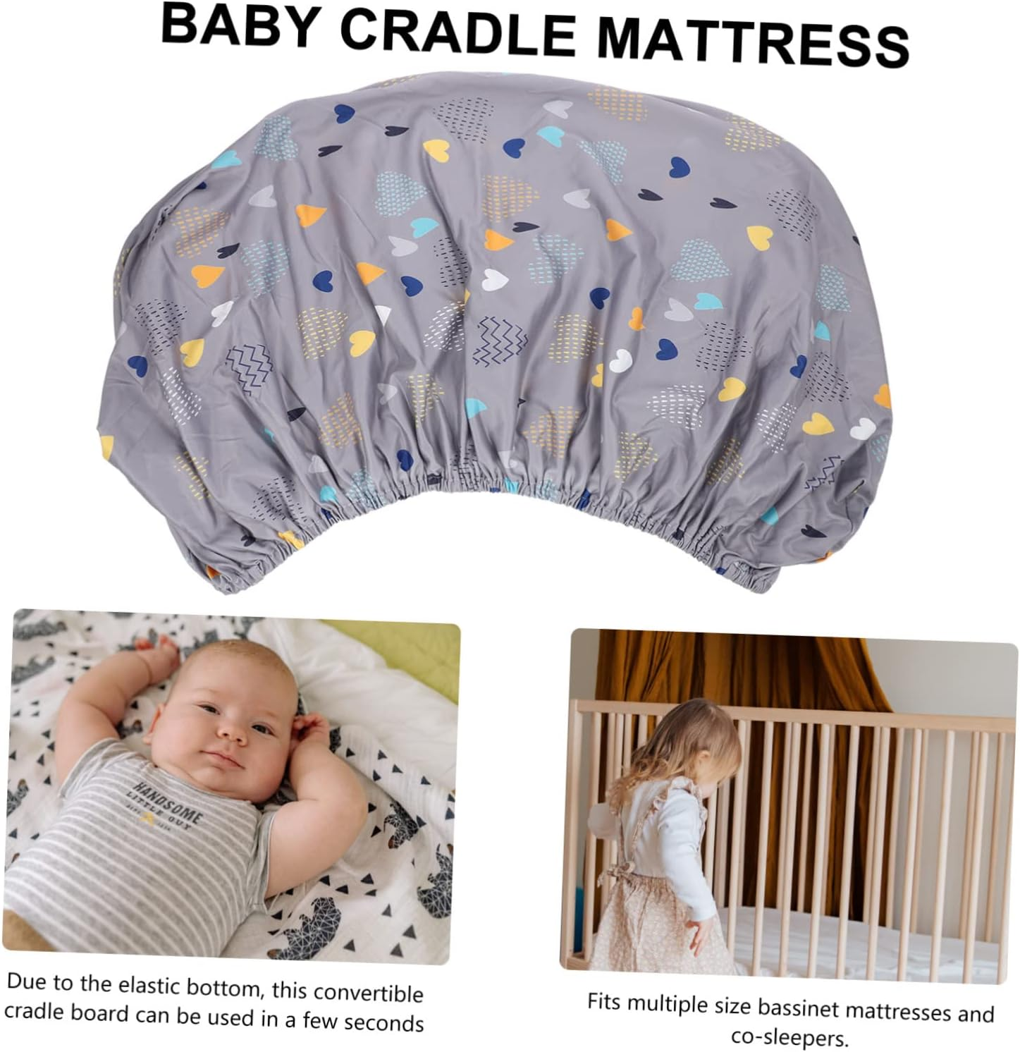 Fitted Bassinet Mattress Pad Cover Bassinet Sheet Removable Washable Elastic Printed Gray Heart Pattern Nursery Bedding image number 5