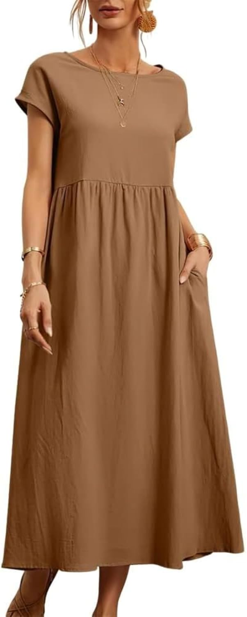 Women'S Cotton Linen Pleated Midi Dresses Casual round Neck Shift Dress Short Sleeve Beach Vacation Sundress image number 3