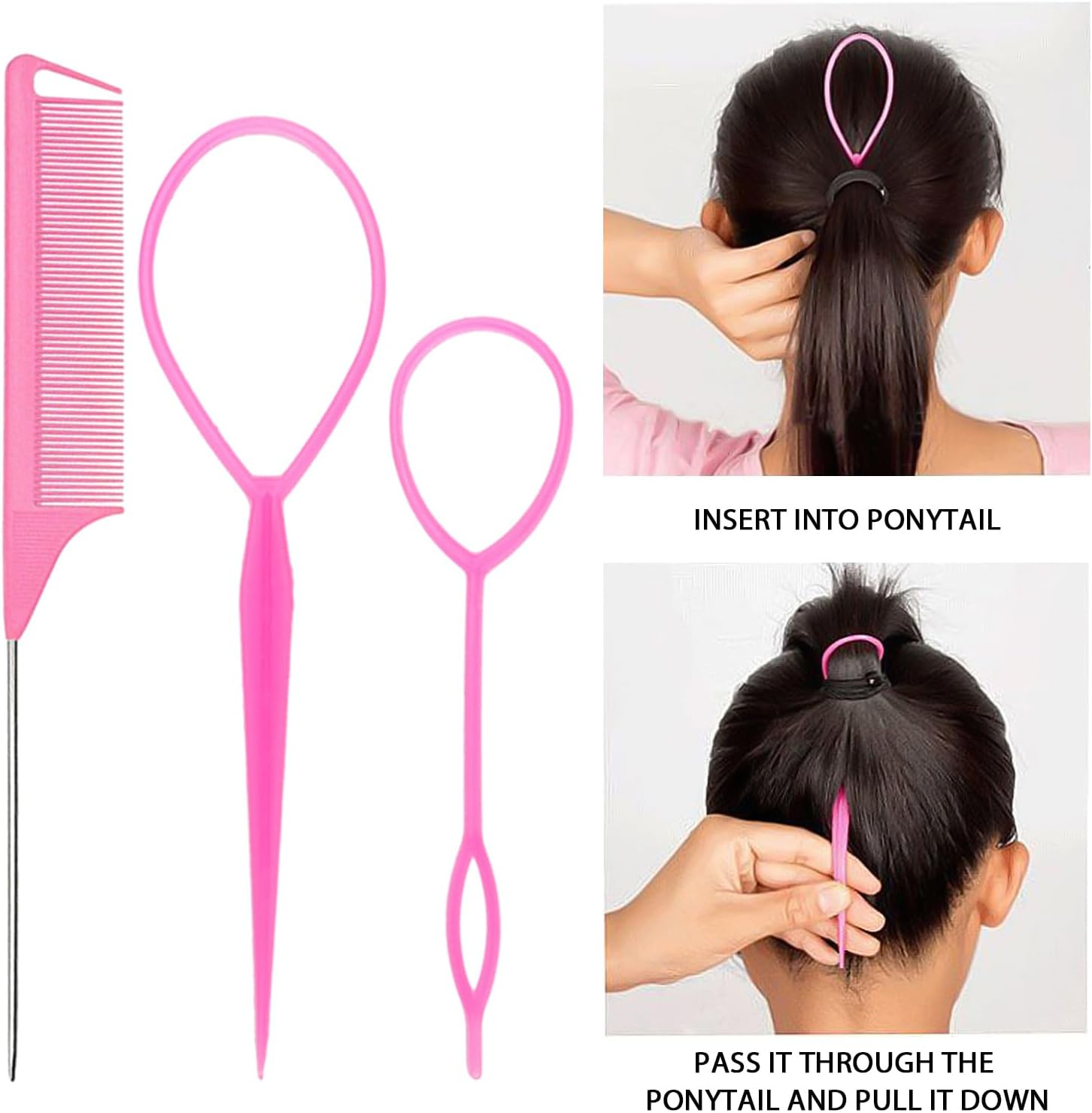 3 Piece Hair Ring Tool Set with 10 Scrunchies, Hair Braiding Tool, Hair Styling Accessories, Hair Looping Tool, DIY Hair Styling Set, Ponytail, Hair Styling Set (Pink)