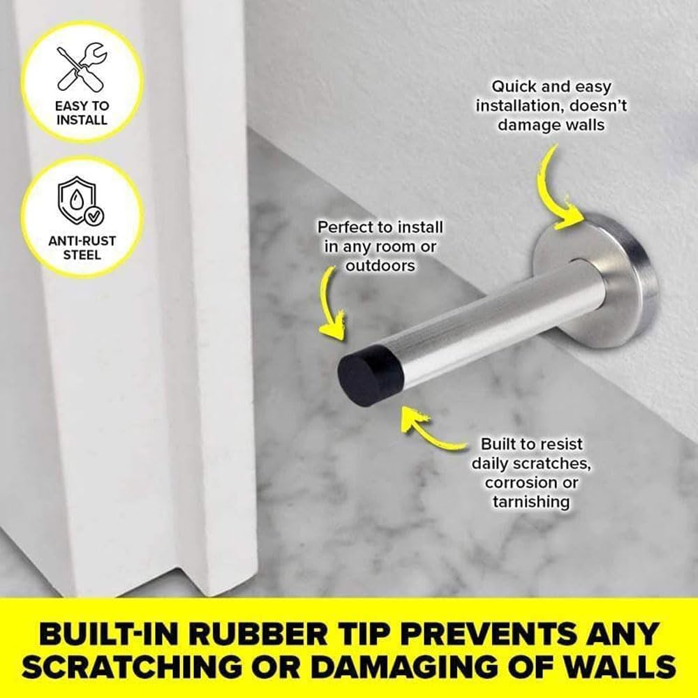 Leona Co Door Stop, 100Mm X 52Mmheavy Duty Stainless Steel Door Stopper with Rubber Tips Bumper, Wall Mounted Door Holder Protection Sound Dampening image number 3