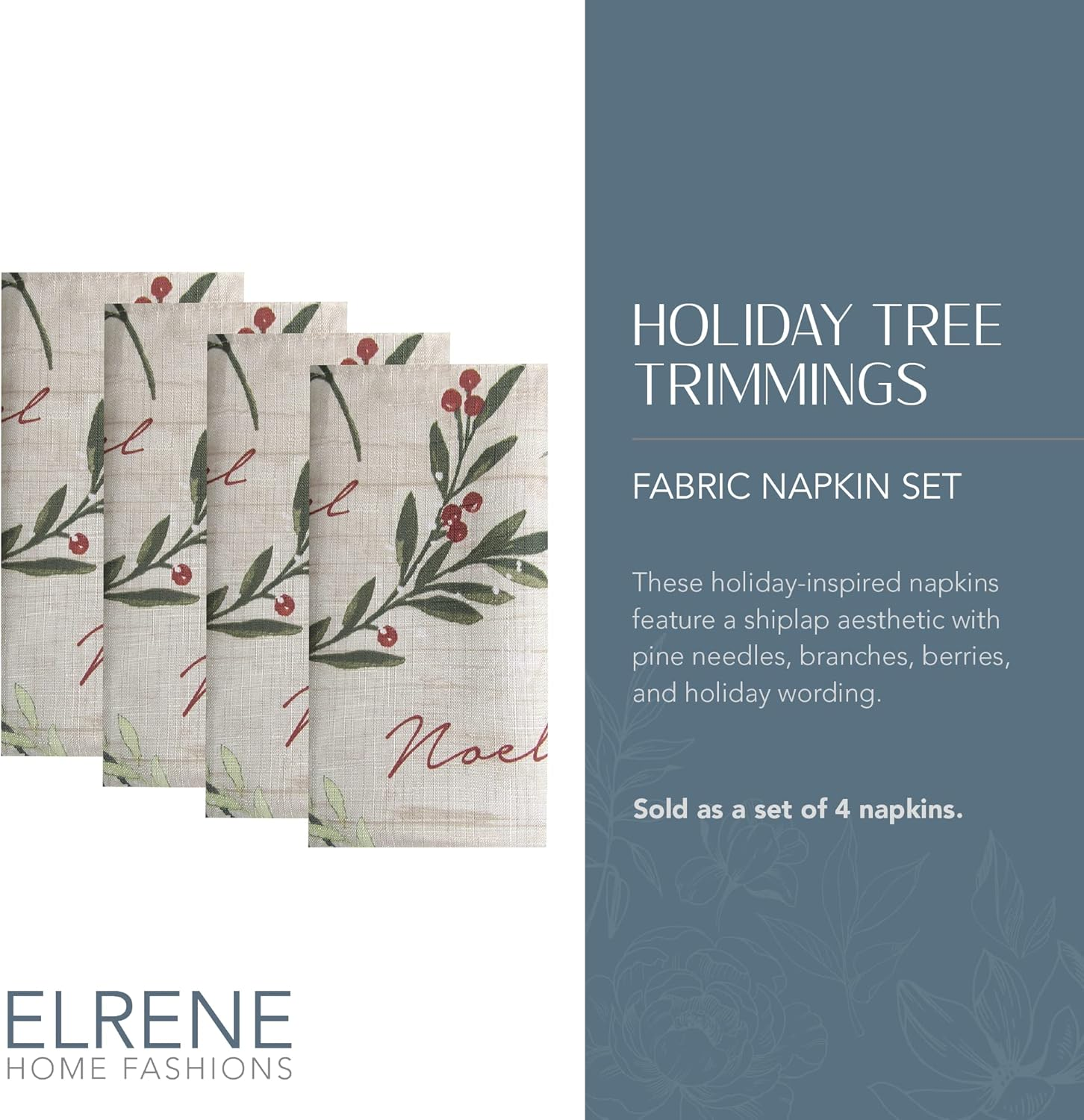Elrene Home Fashions Holiday Tree Trimmings Fabric Napkins, Set of 4, 17 Inches X 17 Inches image number 5