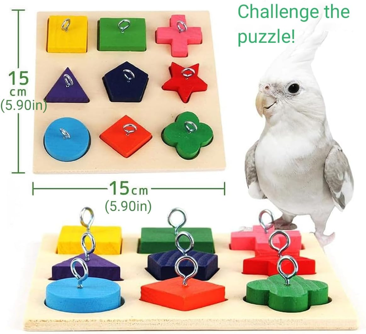 AIMALL Parrot Training Toy 9 Clocks Wooden Colour Blocks 5.9In &times; 5.9In Educational Bird Chew Toy DIY Metal Accessories for Parrot Intelligence and Play image number 2