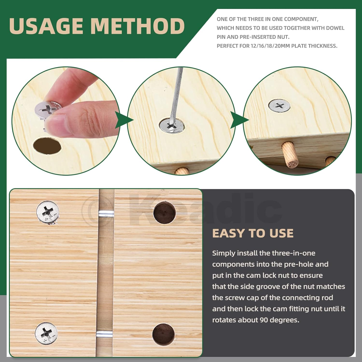 Keadic 100 Pcs 4 Sizes Furniture Connecting Cam Lock Fittings Assortment Kit, Heavy Duty Joint Connector Nut Cabinet Connectors Hardware Bolts for Wardrobe Drawer Closets Bed image number 5