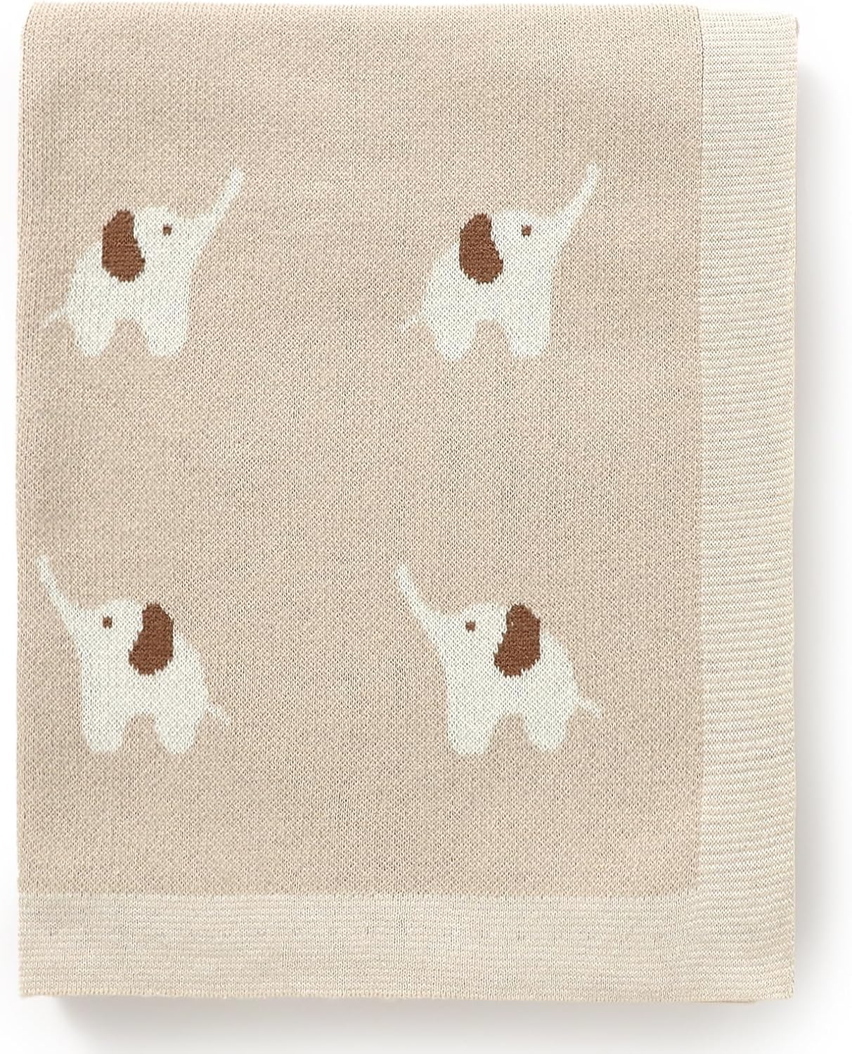 Hadetoto 100% Cotton Baby Blanket Knit Soft Cozy Swaddle Receiving Blankets Toddler Infant Blanket with Lovely Elephant for Newborn Boy Girls - Camel, 90 X 70Cm