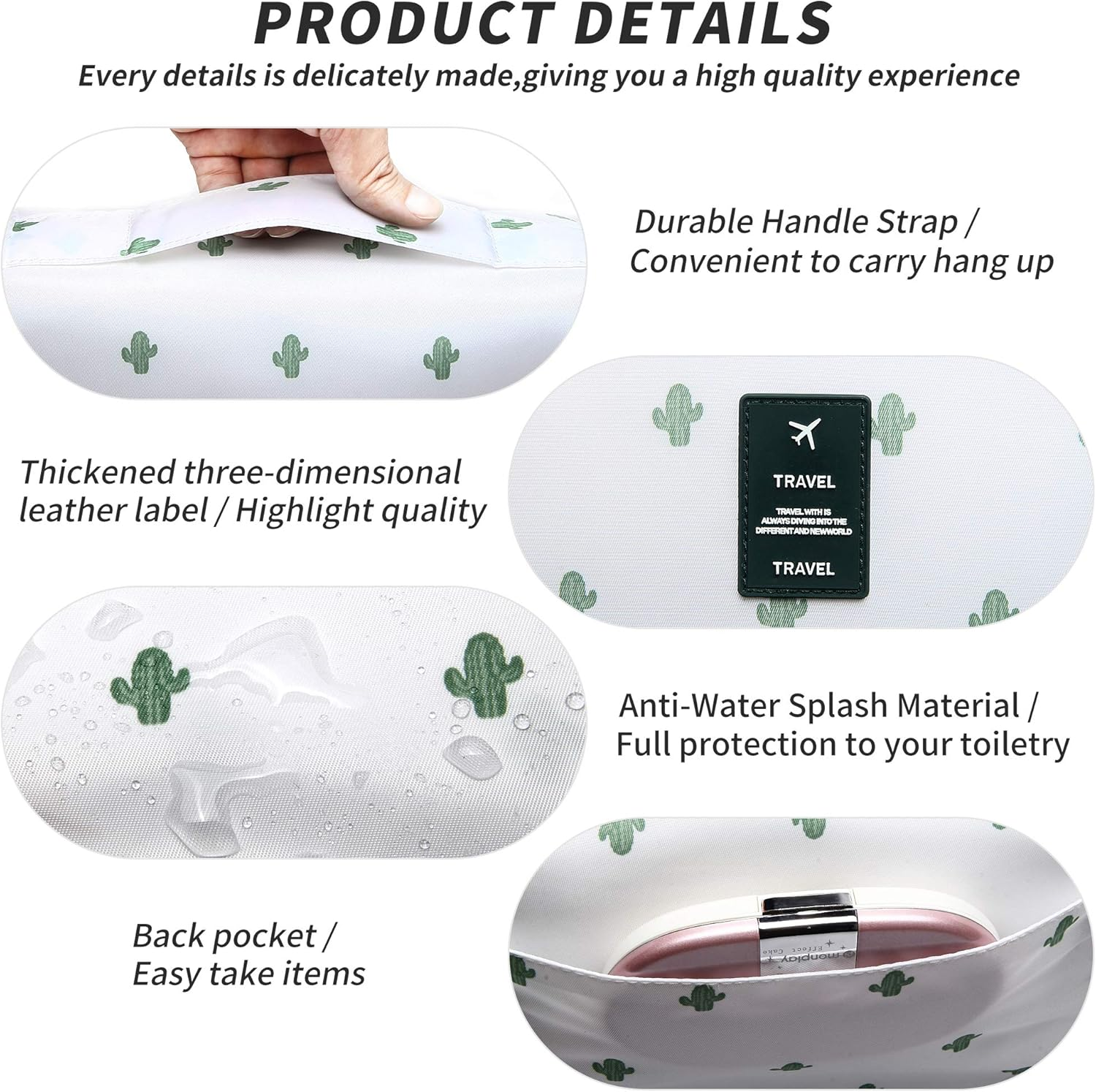 SELLYFELLY Hanging Toiletry Bag for Travel Cosmetic Makeup Organzier Waterproof Bathroom Shower Bag for Women and Men, Cactus - Gery image number 7