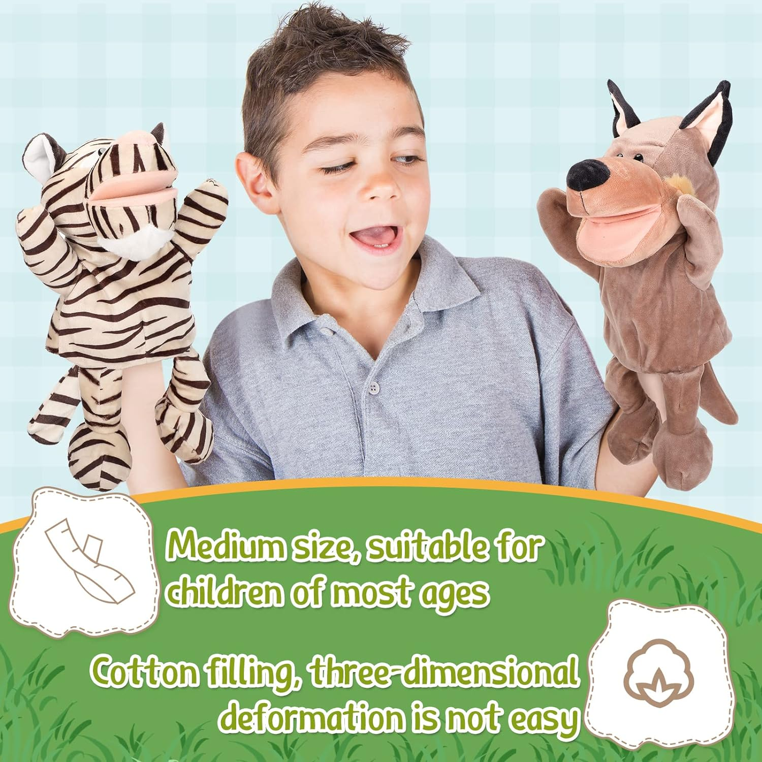 Wettarn 10 Pcs Animal Hand Puppets 12 Inch Soft Plush Lion Orangutan Giraffe Tiger Monkey for Boys and Girls Storytelling, Teaching, Role Playing image number 1