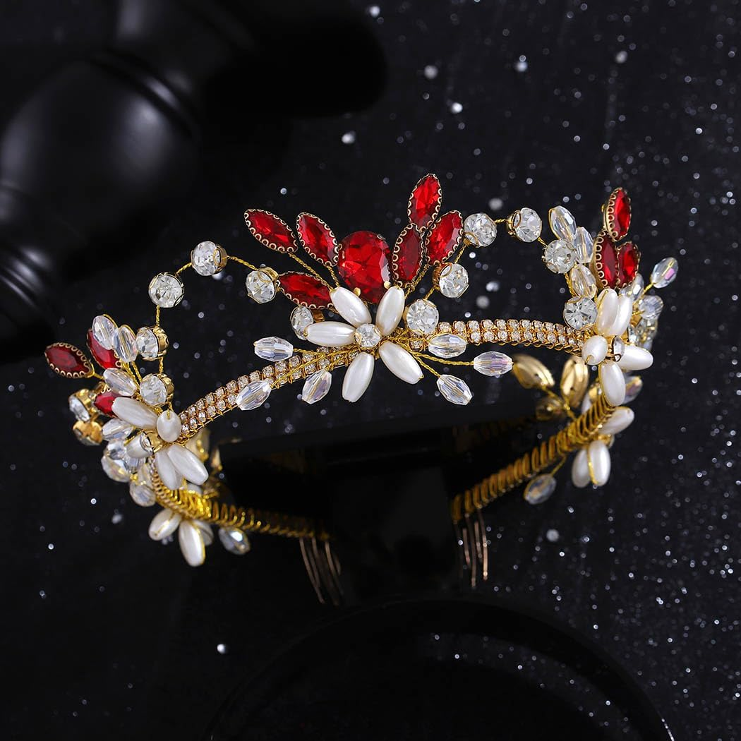 IYOU Princess Tiara Crown Red Rhinestone Crowns Pearl Jewellery Hair Accessories Birthday Party Christmas Headpiece for Women and Girls image number 1