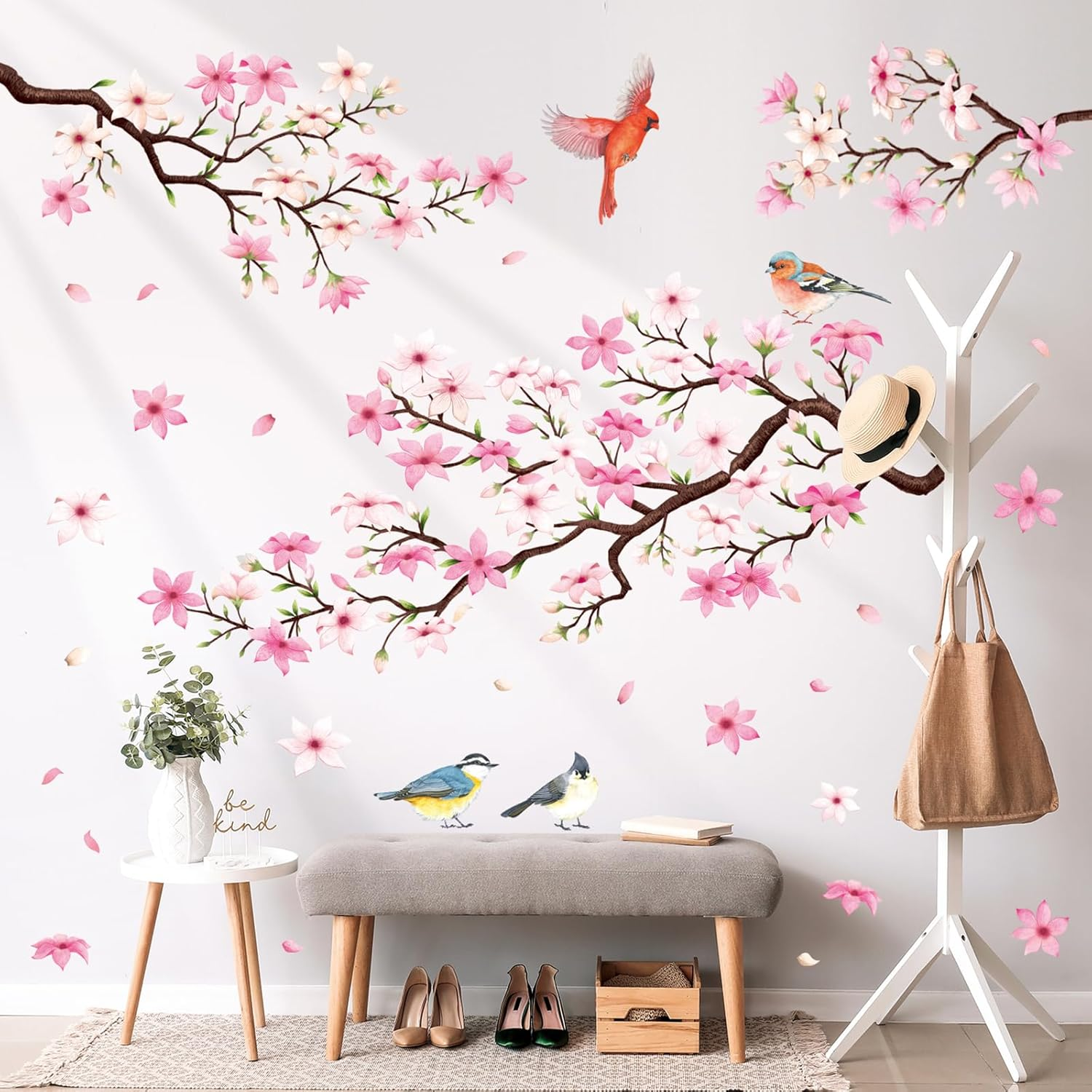 DECOWALL SG2-2305 Pink Cherry Blossom Branch Wall Stickers Flower Birds Wall Decals Bedroom Living Room TV DIY Wall Home D&eacute;cor image number 1