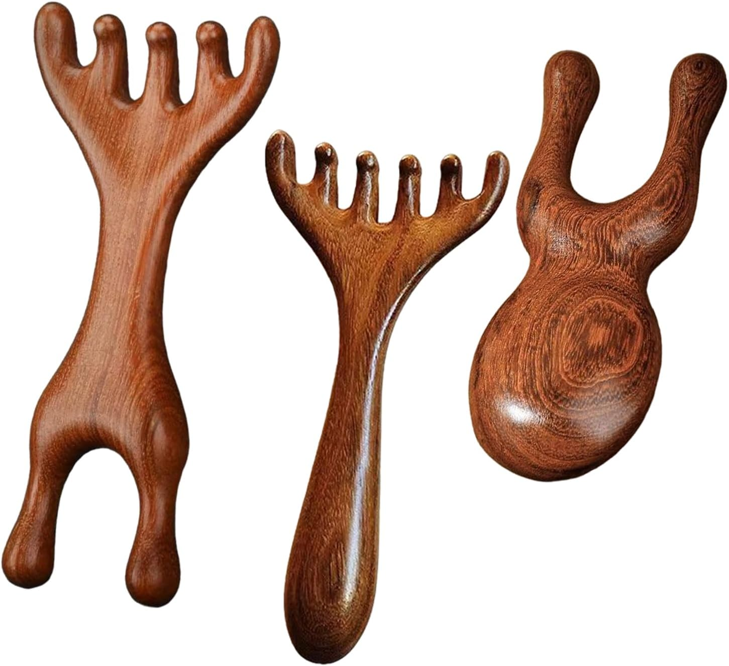 Sandalwood Scalp Massager,3Pack Wide Tooth Deer Antler Smoothing Comb 6/5/2 Claw,Wooden Deer Antlers Nasal Scraper,Fashionable Sandalwood Wide Tooth Combs