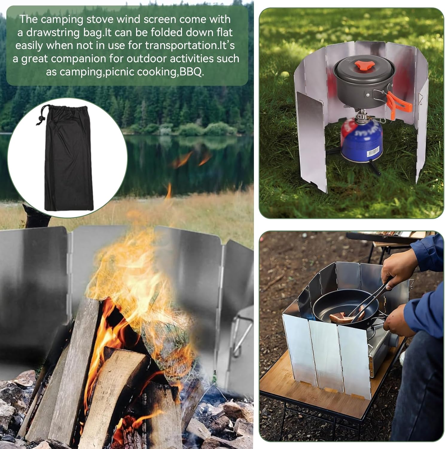 Portable Camp Stove Wind Screen Shield with Carrying Bag, 10 Plates Folding Outdoor Camping Picnic Cooker Stove Ultralight Wind Screen, Heat-Resistant Foldable Wind Guard for Gas & Butane Stoves (10) image number 2