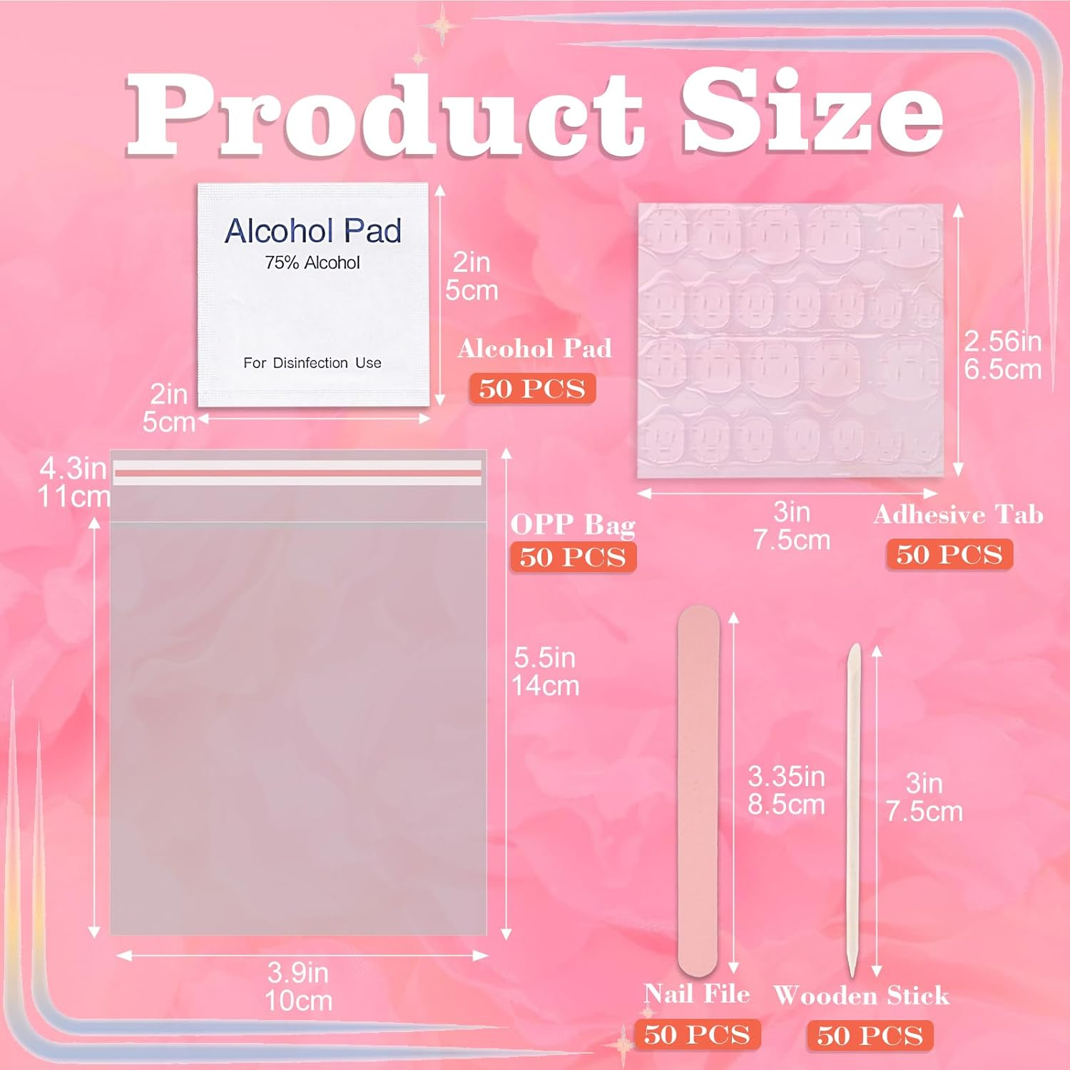 50 Set Disposable Press on Nail Tool Kit, Including 50Pcs Nail File, 50Pcs Prep Pad, 50Pcs Wood Stick, 50Pcs OPP Bag, Manicure Nail Prep Kit for Salon Home (50Pcs-A-Pink) image number 1