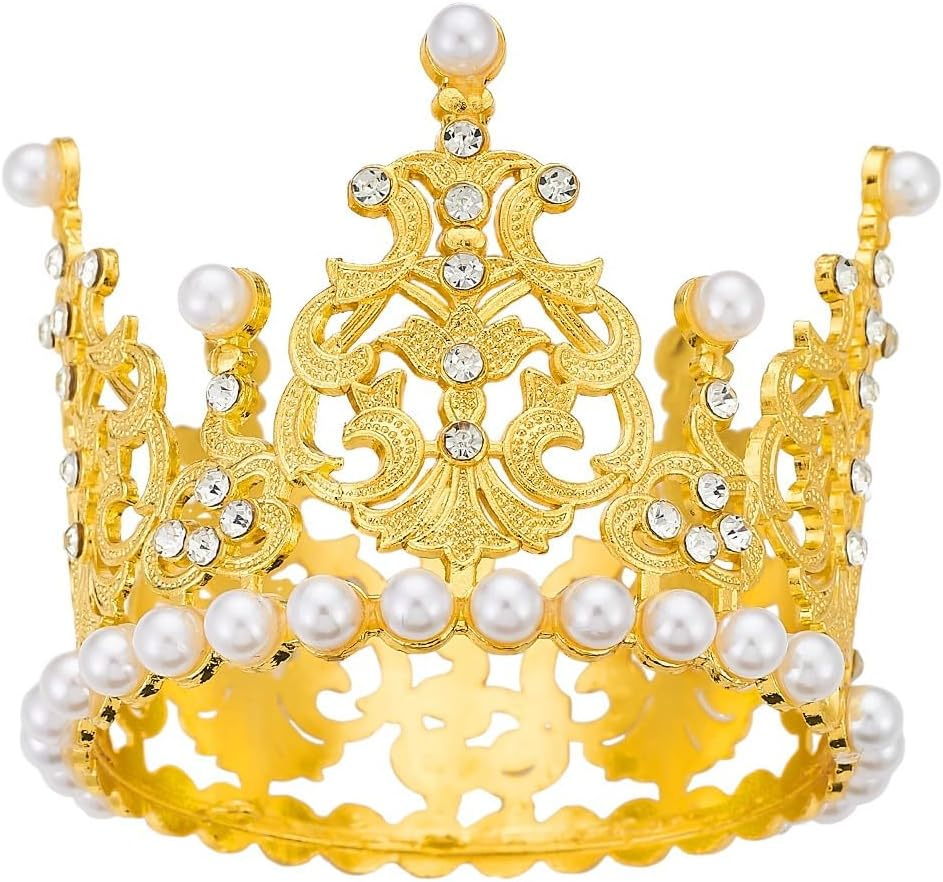 Women Girls Retro Man-Made Pearl Crown Bride Tiara Cake Topper Decoration for Party Wedding Birthday (Blue)