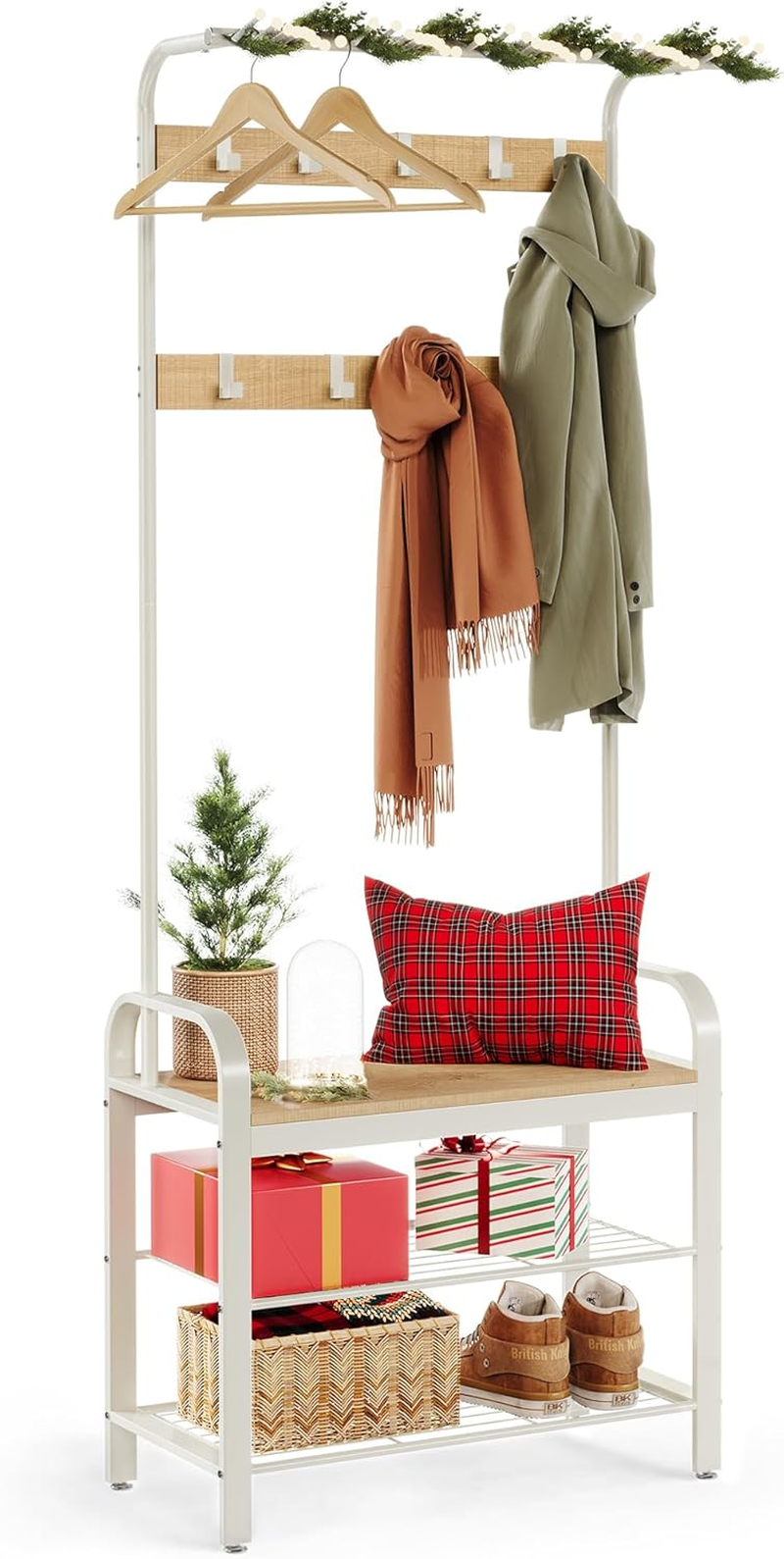 VASAGLE Coat Rack, Coat Stand with Shoe Storage Bench, 4-In-1 Design, with 9 Removable Hooks, a Clothes Rail, for Hallway, Entrance, 33.7 X 72 X 183 Cm, Modern, Oak and Cream HSR40W