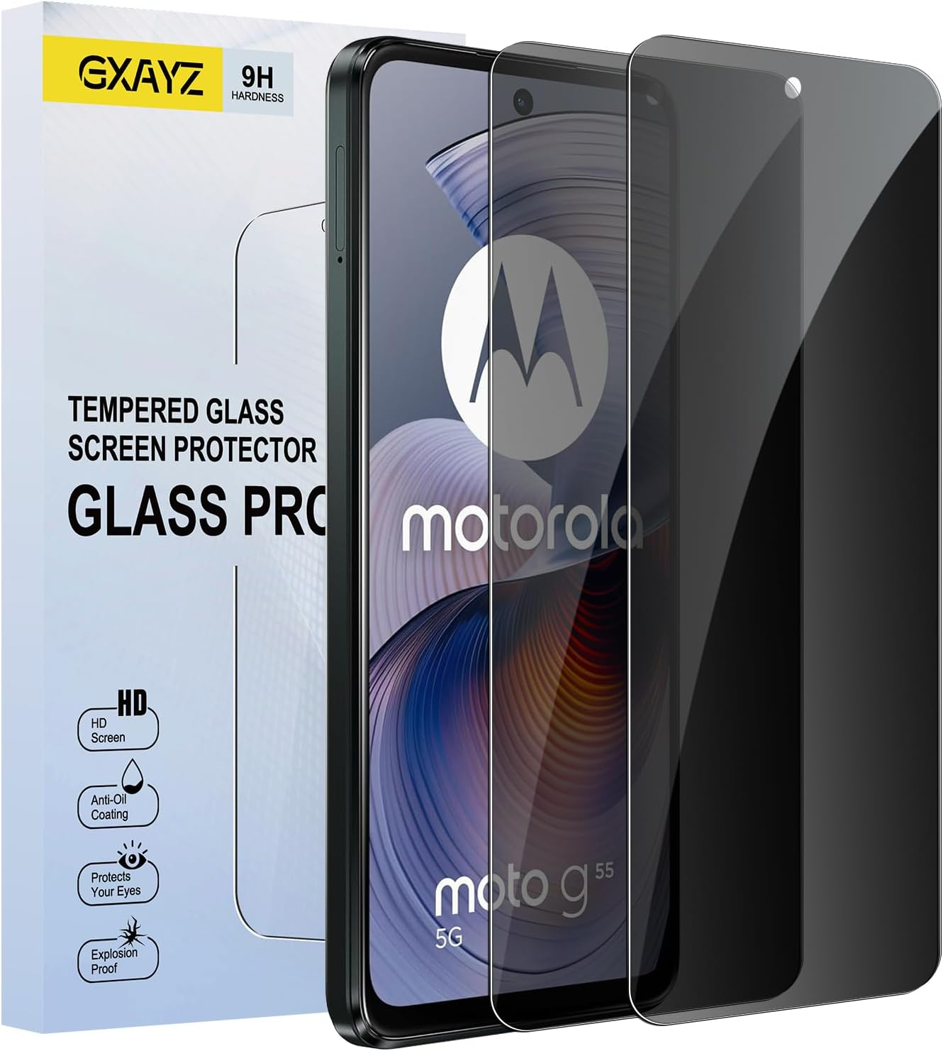 GXAYZ Privacy Screen Protector for Motorola Moto G55 5G, Privacy Tempered Glass Protection, Anti-Peeping Privacy Film, Anti-Spy Protective Glass, Pack of 2 image number 1