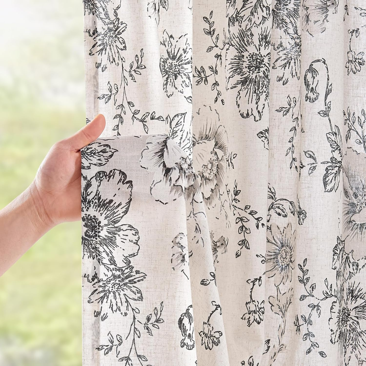 JINCHAN Linen Floral Curtains for Living Room Bedroom Black Printed Curtains Rod Pocket Back Tab Farmhouse Peony Flower Patterned Drapes Set of 2 Panels,Each W127Cm X D213Cm