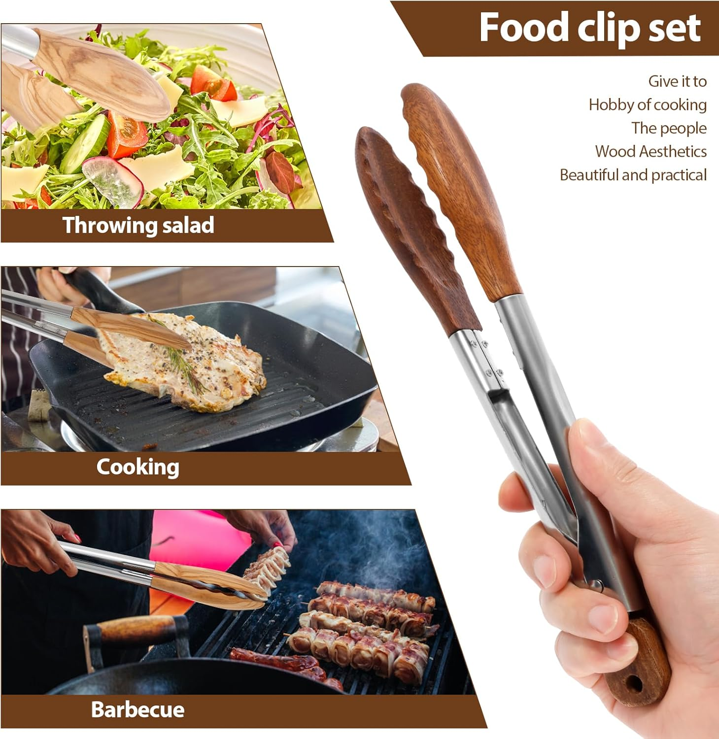2 Pcs Walnut Wooden Kitchen Tongs Wood Food Tongs Salad Tongs with Wooden Tips, Locking Tongs Wood Serving Tongs for Flipping Cooking Grilling image number 1