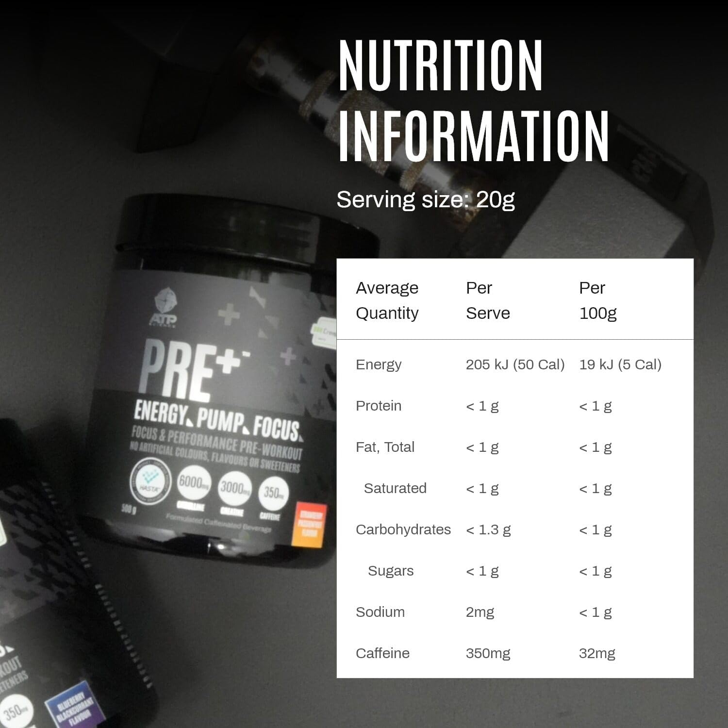 ATP Science Pre plus Preworkout Powder, Infused with Creapure Creatine Monohydrate, Caffeine Anhydrous, L-Citrulline Malate, No Artificial Colours and Flavours, Flavour - Strawberry Passionfruit, 500G image number 2