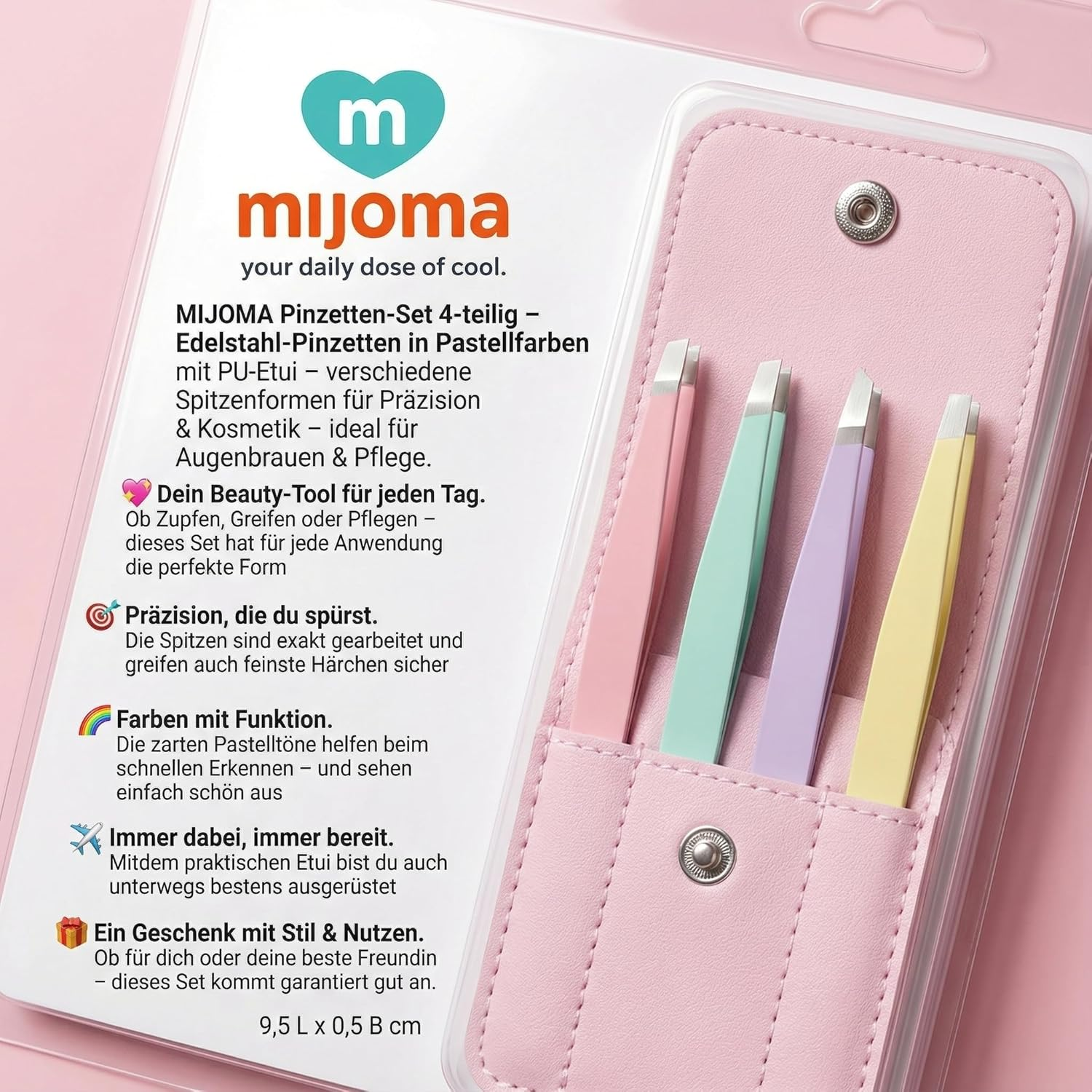 MIJOMA Tweezers Set of 4 - Stainless Steel Pastel Tweezers with PU Case - Assorted Tip Shapes for Precision & Cosmetics - Ideal for Eyebrows & Grooming image number 1