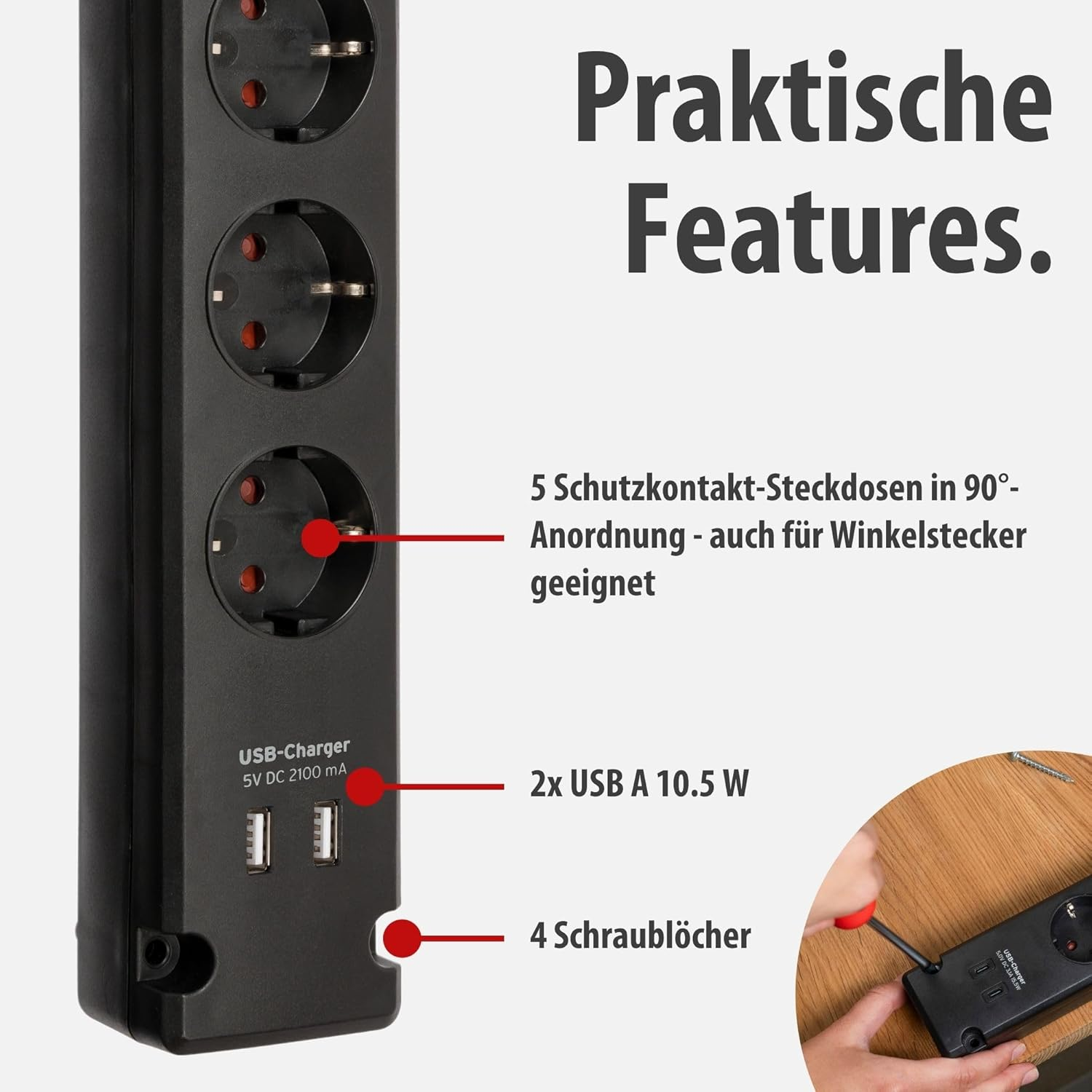 Brennenstuhl Bremounta 5-Way Power Strip with USB Charging Function (Multiple Socket with 90 Degree Sockets, Power Strip with Switch, Mounting Option and 3 M Cable) Black image number 6