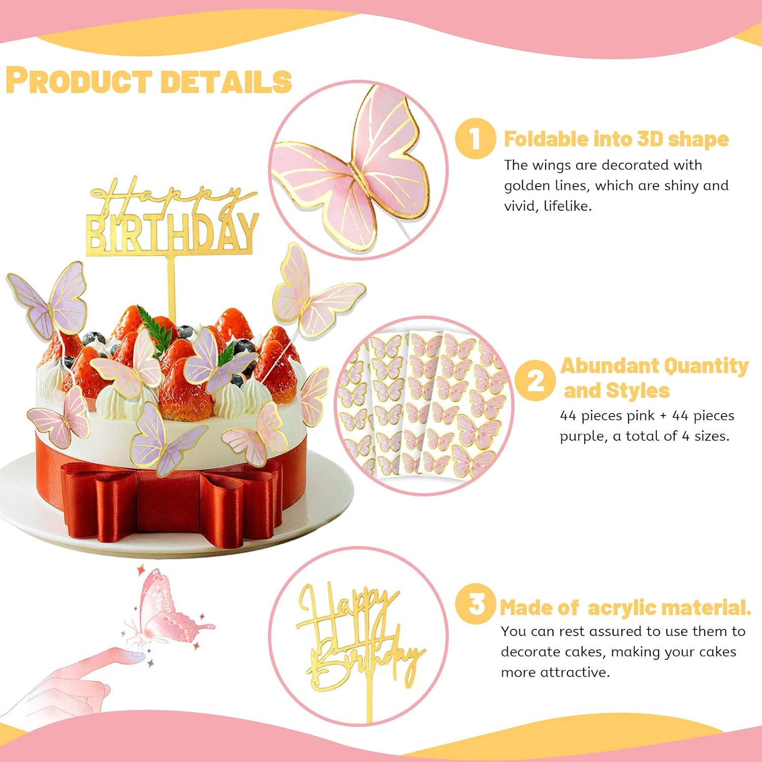 88Pcs Butterfly Cake Toppers, 5Pcs Gold Acrylic Happy Birthday Cake Toppers, Mixed Size 3D Butterfly Cake Decorations for Cupcake Wedding Birthday Party Decor (Purple & Pink) image number 4