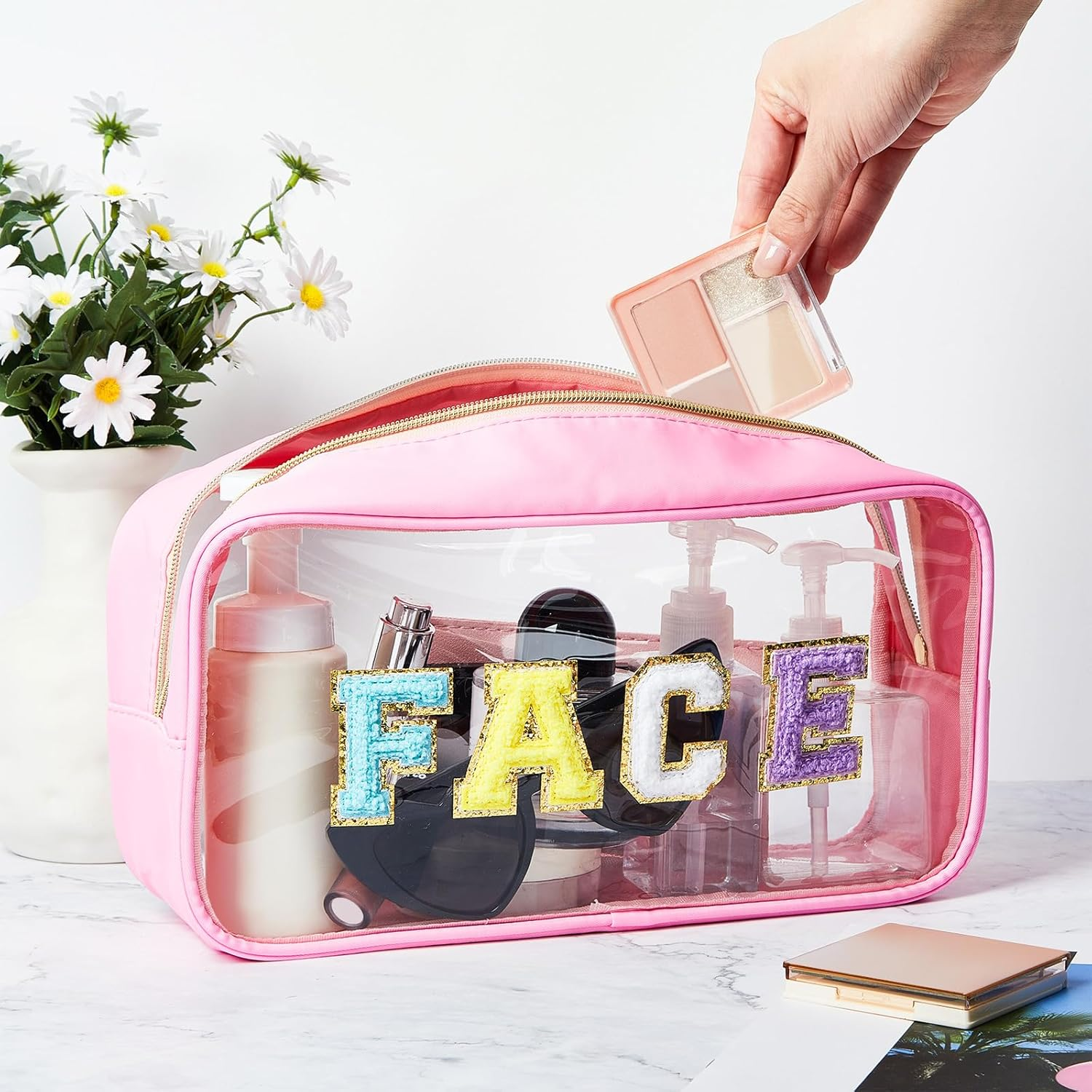 Abbylike 6 Pcs Large Chenille Letter Cosmetic Bag Preppy Patch PVC Nylon Makeup Bag Portable Glitter Clear Cosmetic Bags with Zipper Travel Toiletry Storage Stuff Pouch for Women, as Shown in Pictures, Classic image number 5