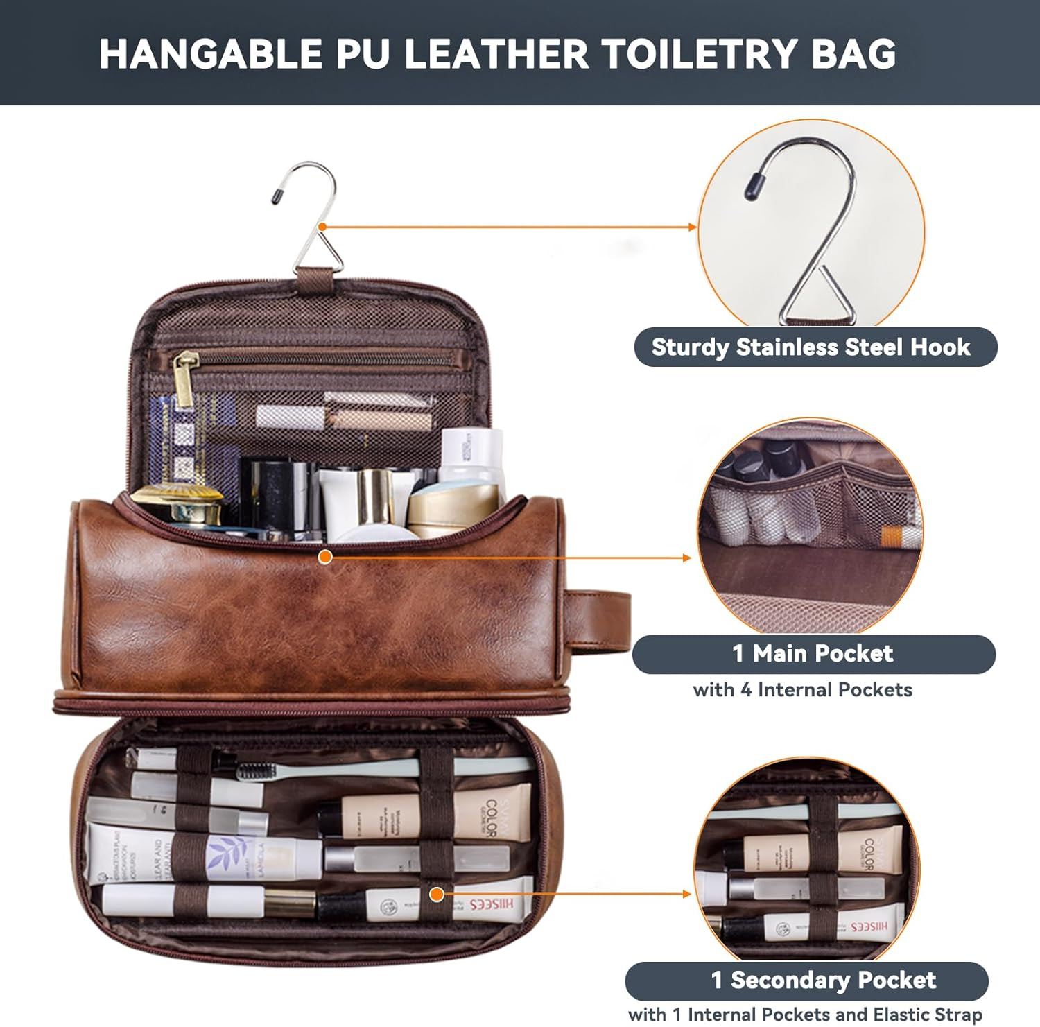 Toiletry Bag for Men, Large Leather Travel Pouch Bag with Hanging Hook,Travel Essentials Dopp Kit, Men'S Shaving Grooming Kit,Gifts for Father, Dad, Boyfriend, Grandpa, Shaving Kit