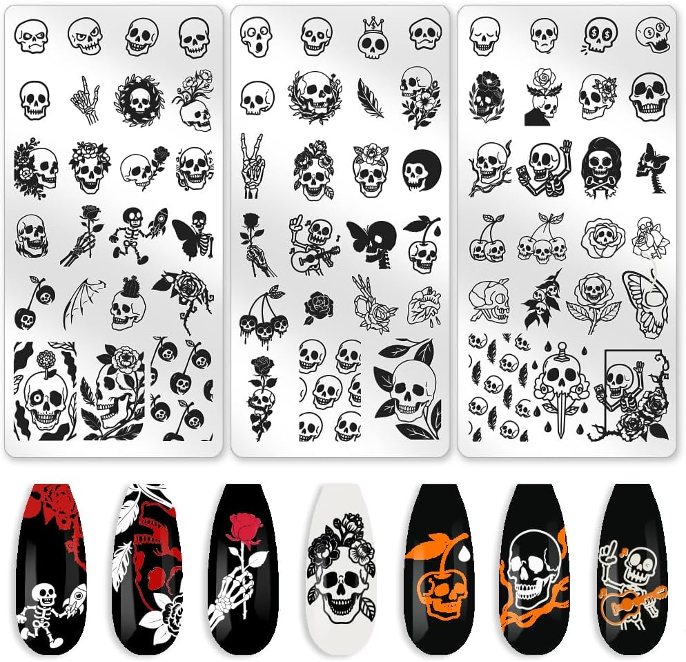 3Pcs Skull Nail Stamping Plate Set Halloween Nail Stamp Templates Skeleton Hands Roses Metal Reusable Tools with Stamper Scraper for Manicure Printing image number 1