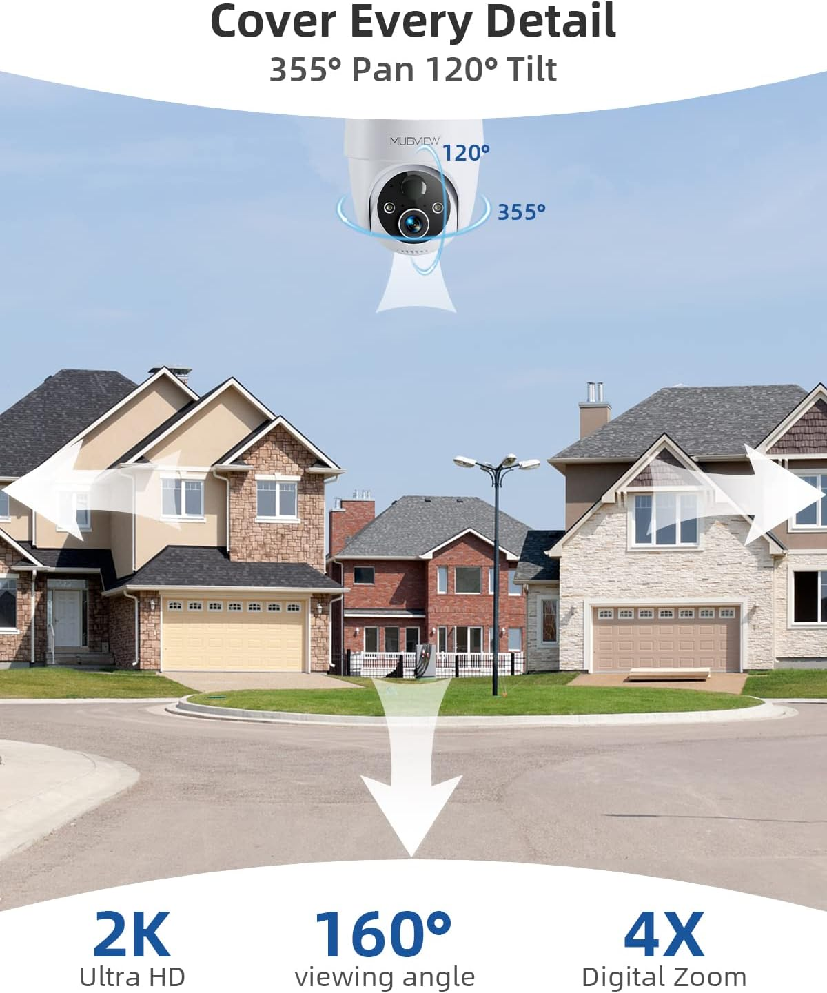 MUBVIEW 2K Solar Security Cameras Wireless Outdoor, 360&deg; PTZ Battery Powered Outdoor Camera, 2.4Ghz Wifi Home Security Camera, Color Night Vision, Motion Detection, 2-Way Audio, 2-Pack - 1-Pack image number 3