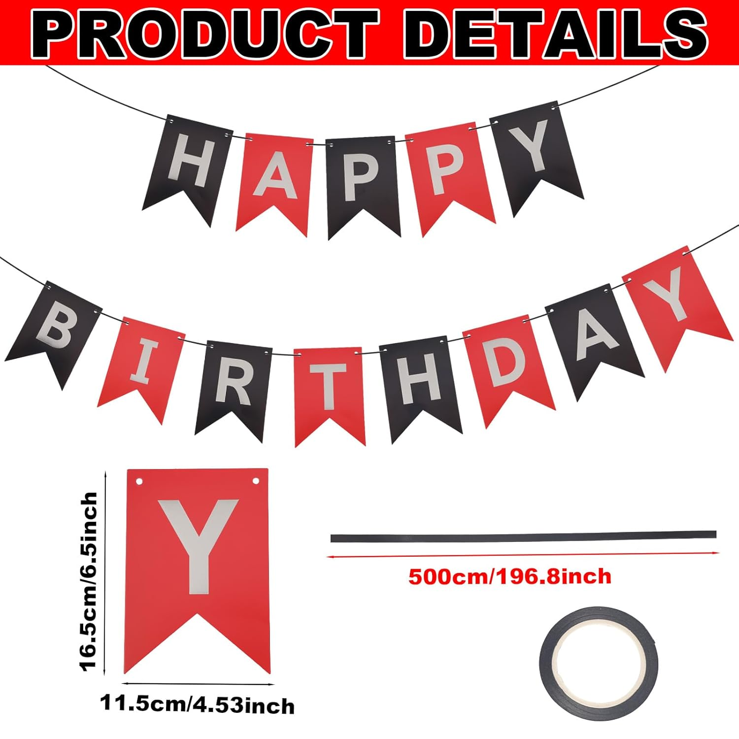 Gosknor Happy Birthday Banner Sign, Red and Black Birthday Decorations Silver Hot Stamping Fishtail Flag Party Decorations Photo Backdrop Party Supplies for Boys Girls Men Women image number 4