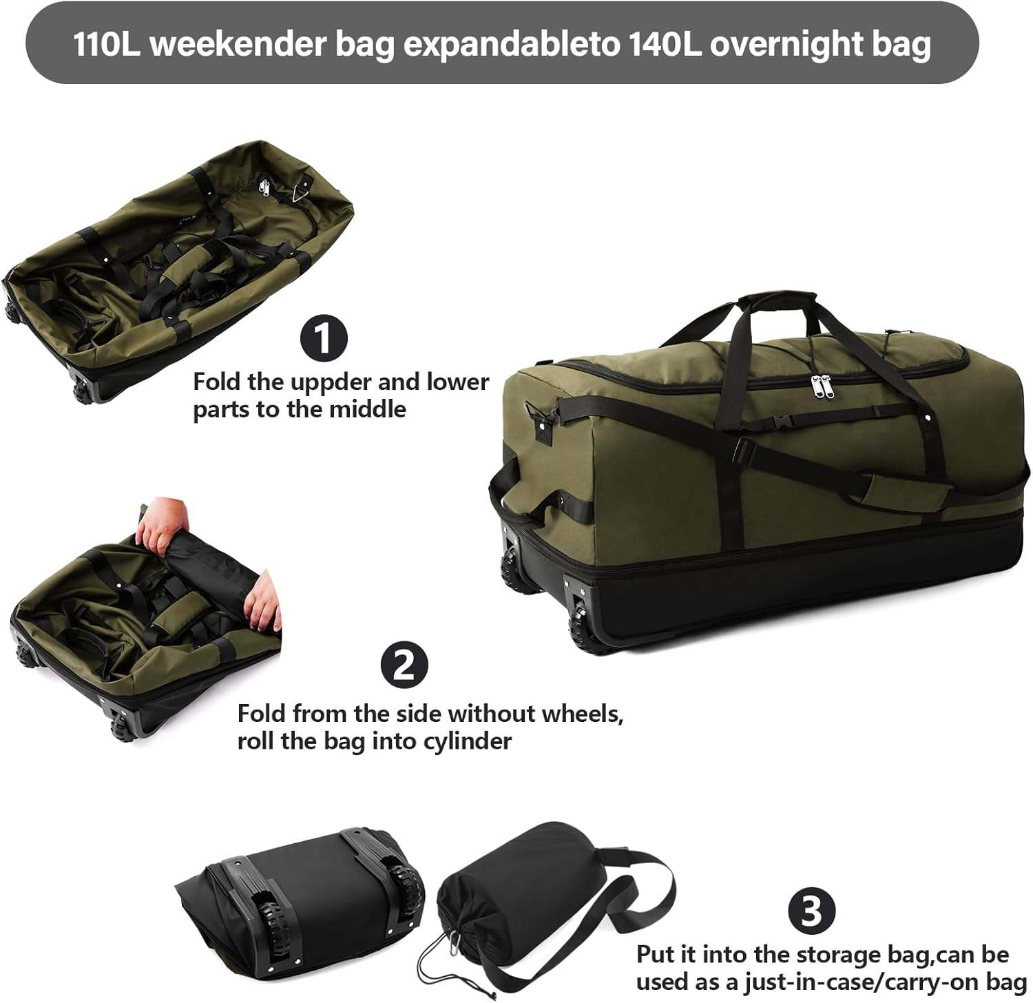Vomgomfom 32" Soft-Sided Foldable Wheeled Travel Duffel Bag,Expandable 110L to 140L Rolling Cargo Bag with 2 Wheels and Multiple Pockets,Army Green - Black-Orange image number 2