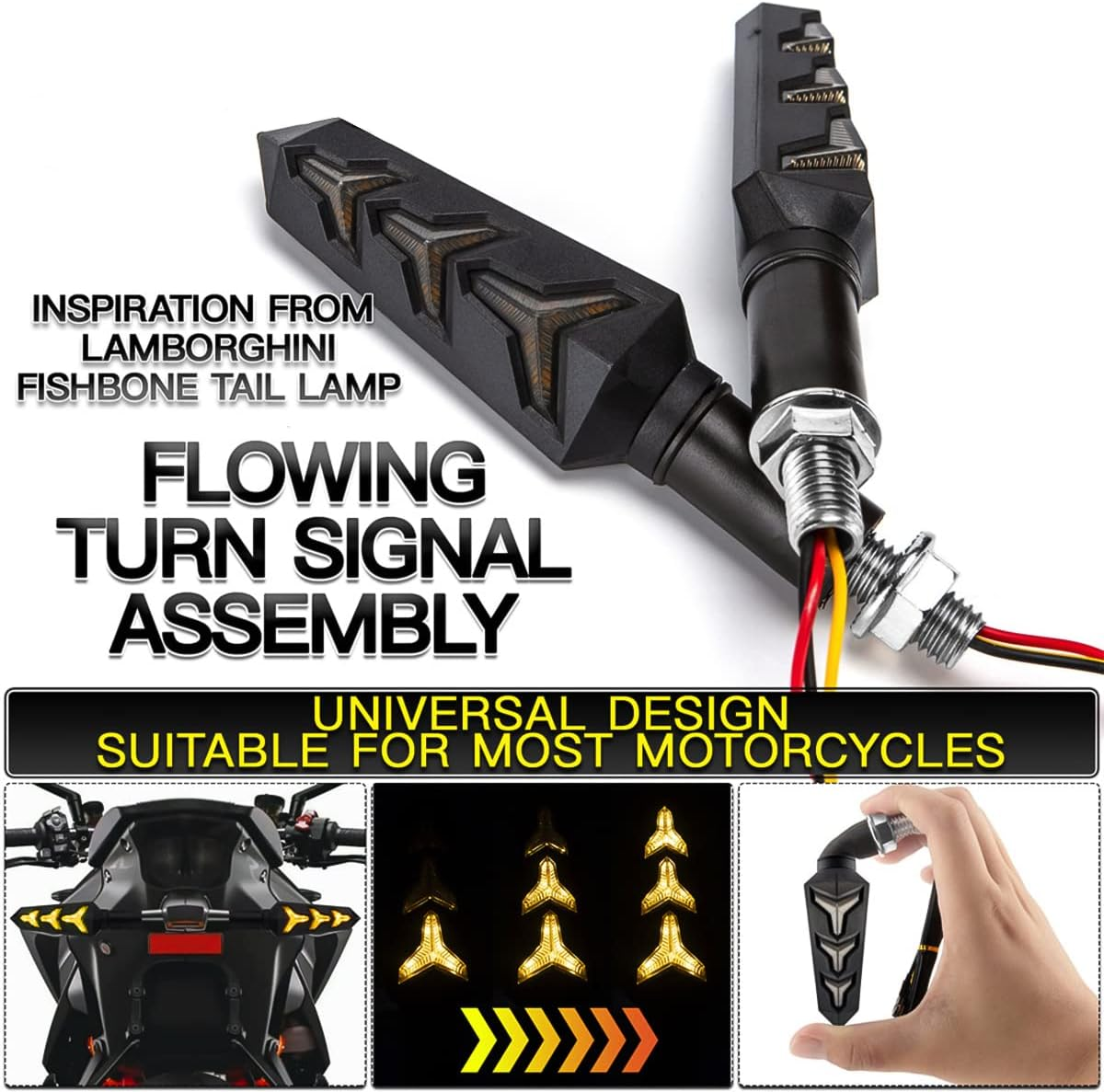 4PCS Motorcycle Indicator Lights, 12V Super Bright Flowing Turn Signal Brake Daytime Running Light, Universal for Motorbike Scooter Quad Cruiser Harley Yamaha Suzuki off Road (Black) - Black/Yellow image number 6