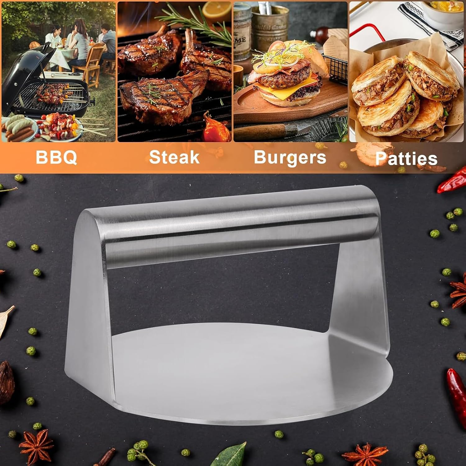 EP Leben Food-Grade Stainless Steel Burger Press, 5.5 Inch round Burger Smasher, Professional Griddle Accessories Kit, Grill Press Perfect for Flat Top Griddle Grill Cooking image number 6