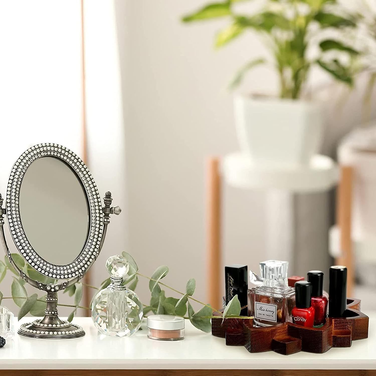 1 PCS Lotus Crystal Decorated Wooden Tray Mandala Crystal Tray Wooden Crystal Holder Stone Tray Wooden Jewelry Board Shelf Healing Crystal Organizer image number 1