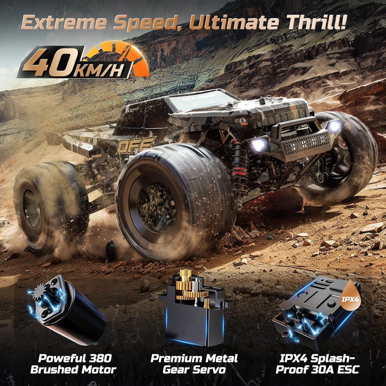 DEERC 9309E 1/16 All Terrain Fast RC Cars for Adults 40KPH,4WD Electric Off-Road Remote Control Monster Truck,2.4Ghz High Speed Car,Waterproof Monster Truck with 2 Batteries for Boys & Kids image number 3