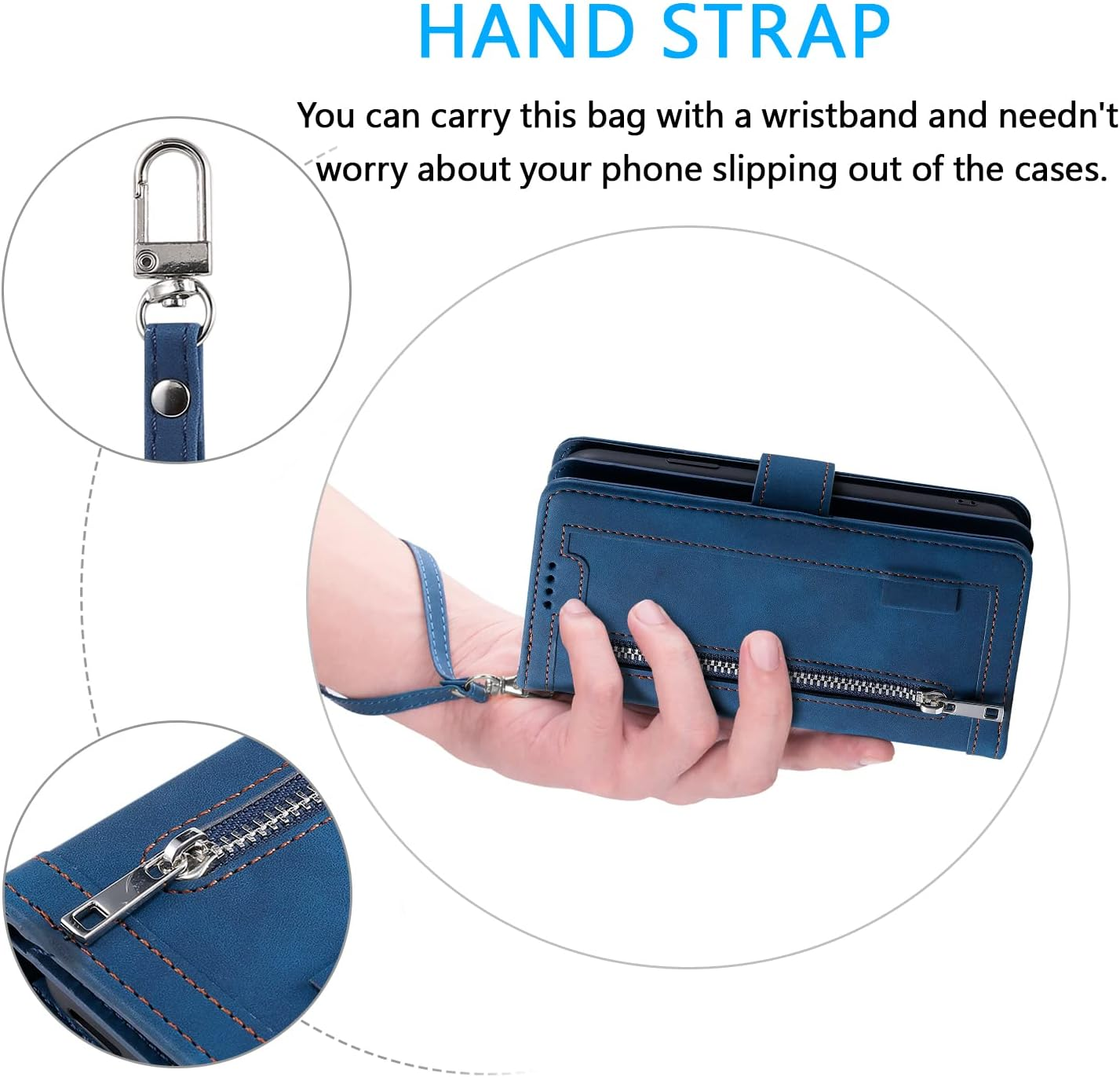 UEEBAI Wallet Case for Iphone 13, Retro 9 Card Holder Slots Zipper Pocket Handbag Case PU Leather Magnetic Closure Kickstand with Wrist Strap TPU Shockproof Flip Case - Blue image number 4