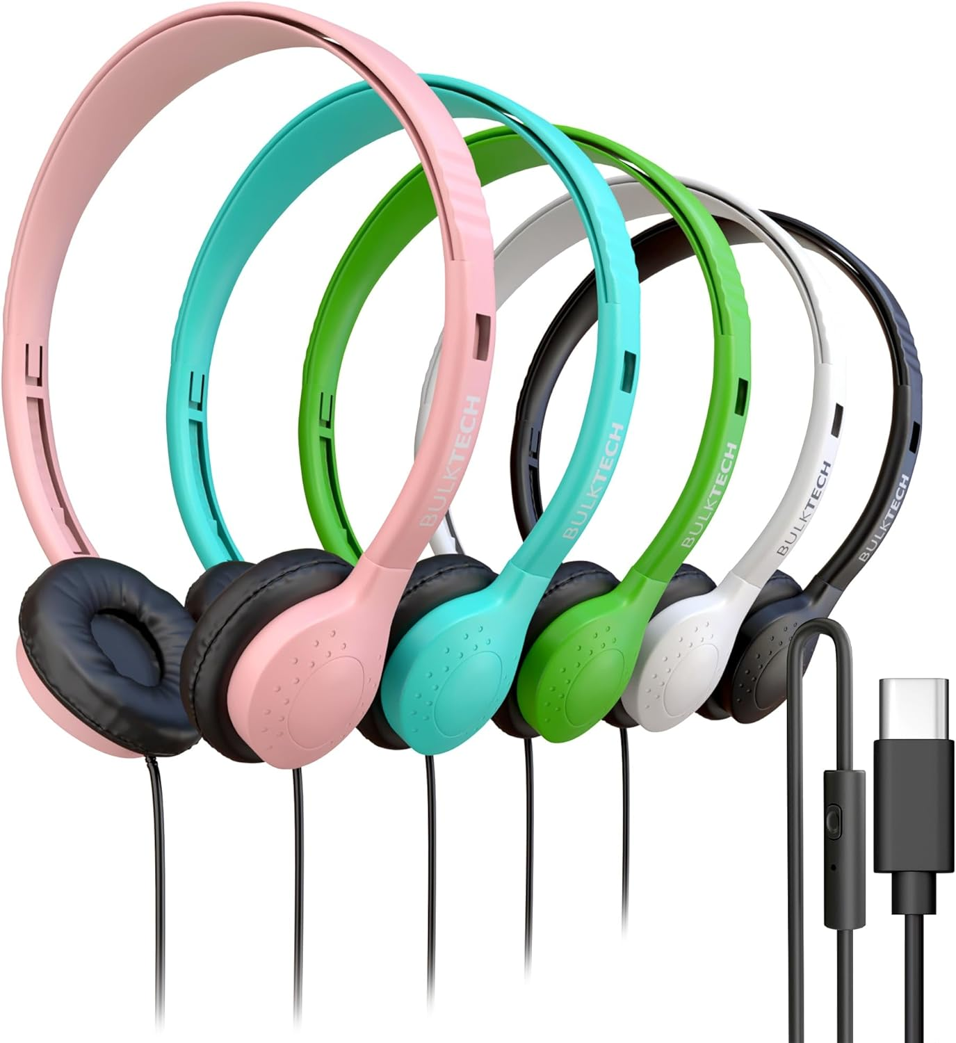 5 Pack Bulk Wired Headphones, Leather, USB-C, On-Ear, Mic, Compatible with Phone, Tablet, Laptop, PC for School, Class, Meeting, Conference, Test, Mix