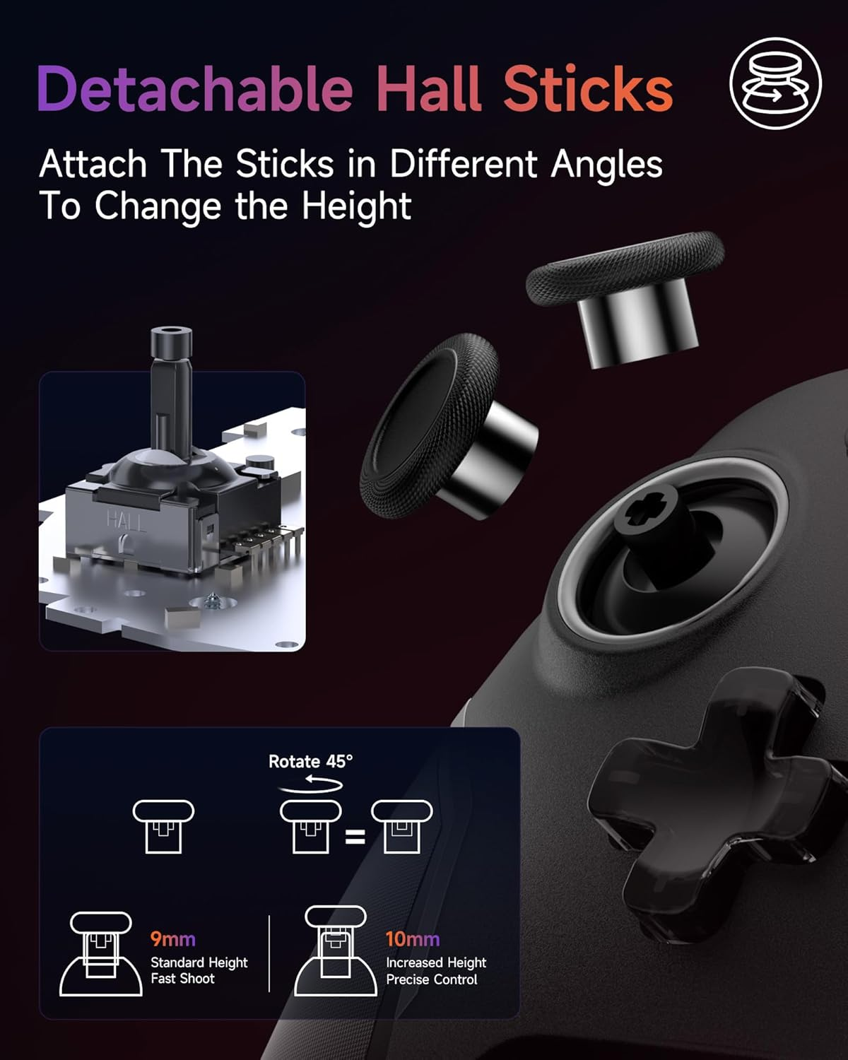 Easysmx X20 Wireless Gaming Controller with RGB Backlit, 2-Stage Hall Effect Sticks, 1000Hz Polling Rate, 6-Axis Gyro on Multi-Platform, Mech Buttons- Compatible with Pc/Switch/Steam/Android - Black image number 3