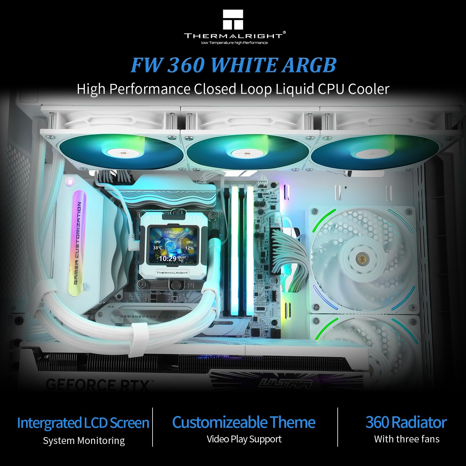 Thermalright FW 360 White ARGB CPU Water Cooler,3 PWM Fans Water Cooling System,Ips LCD Screen with 320 * 240 Resolution,For Am4/Am5&Intel Lga1700/1851,Computer 360 CPU Liquid Cooler