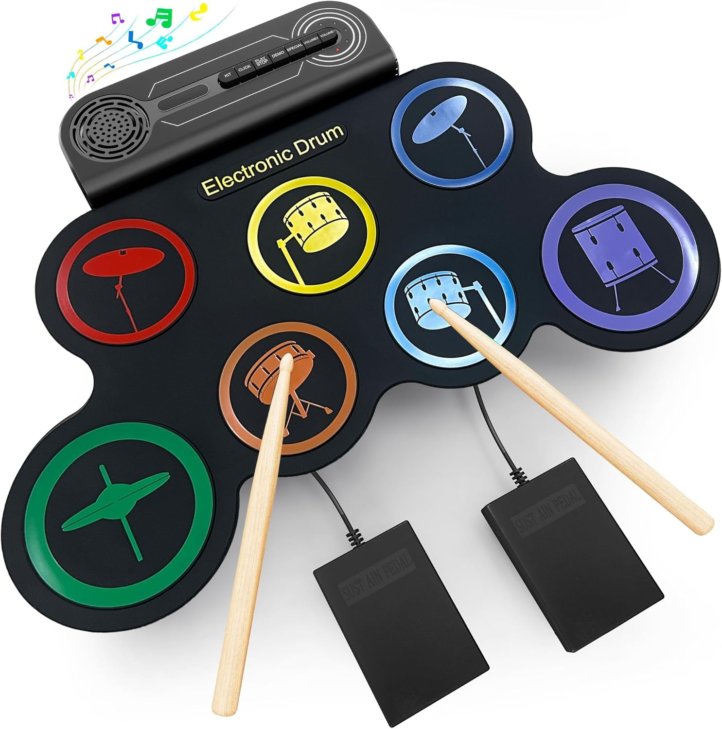 Electric Drum Kit Built-In Speaker, Kids Electronic Drum Practice Pad Set, Portable Roll up Drum Machine with Drumsticks, 2 Foot Pedals，Great Birthday for Boys Girls image number 5