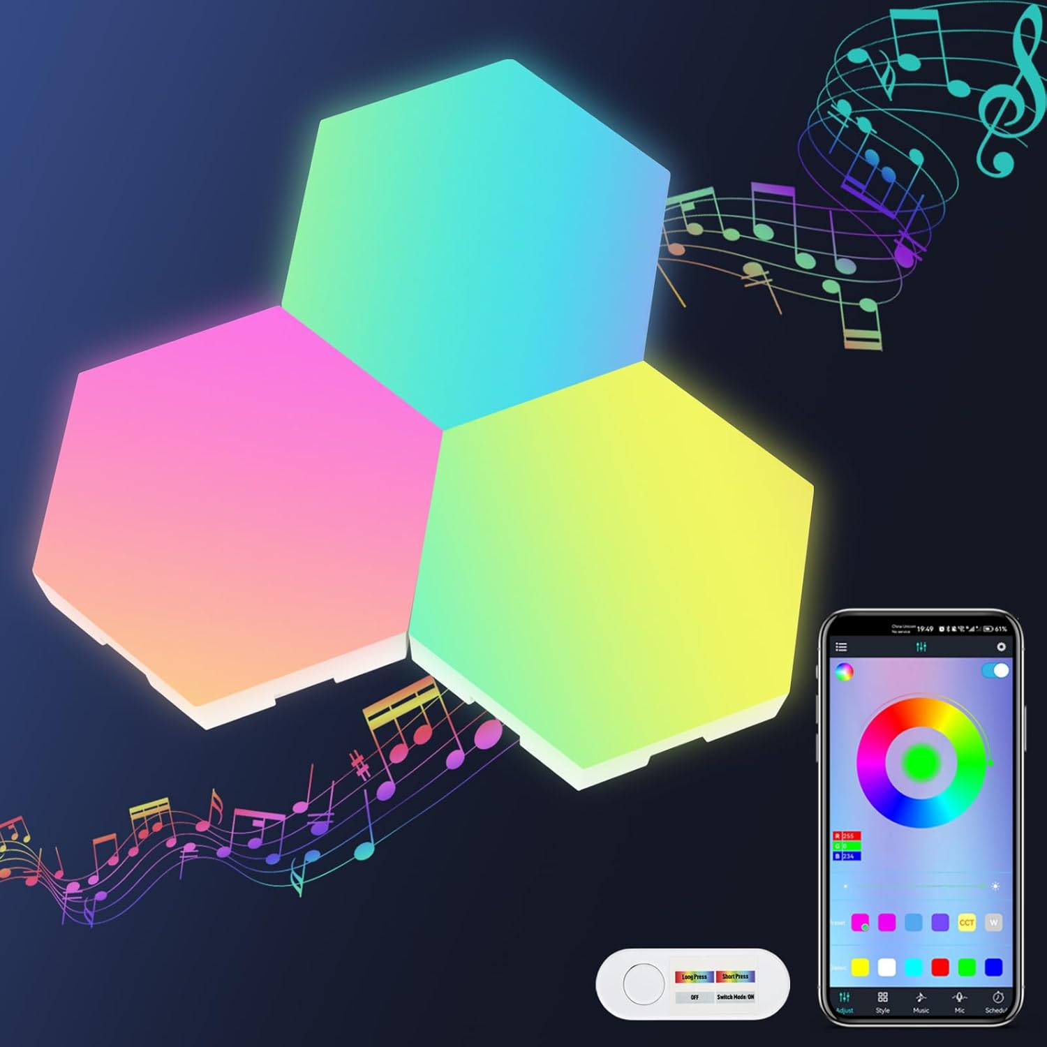 VATHUG Hex Lights, Hexagon Led Gaming Lights, Hexagon Lights for Wall Led with APP Smart Control Hex Led Tiles and Music Sync RGB, Led Wall Panel for Gaming Room, Bedroom, Led Wall Decor (3 Pack) image number 1