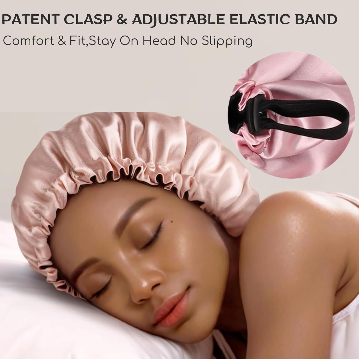 Satin Bonnet for Sleeping-Pink Double Layer Hair Bonnet for Women & Men, Adjustable Strap, Curly Long Hair Protection, Satin Hair Wrap for Night Sleeping Cap - Pink image number 5