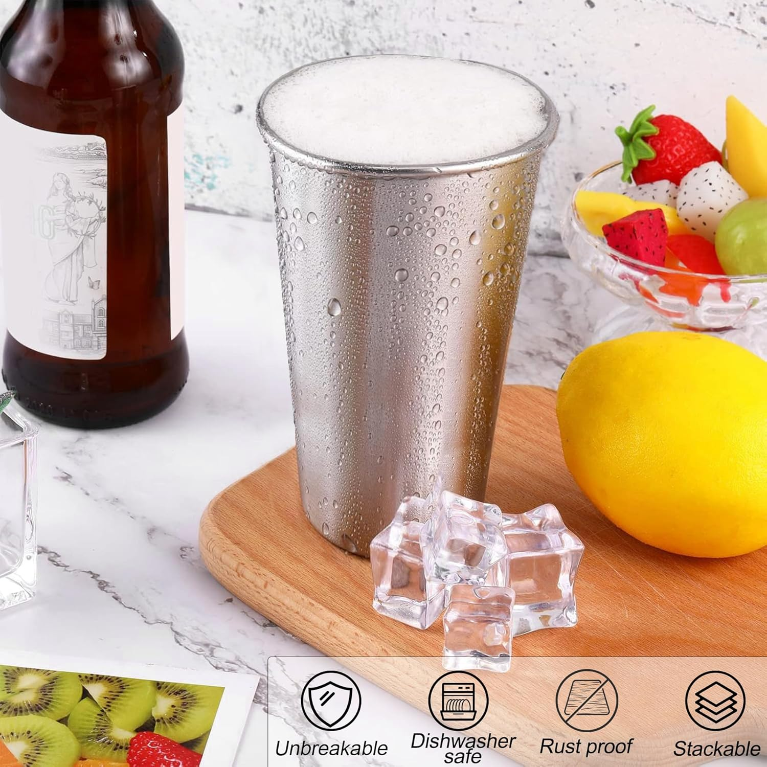 Ruisita 6 Pack 20 Oz Stainless Steel Cups Metal Shatterproof Stackable Pint Drinking Cups for Adults or Kids (20 Oz/600 Ml) image number 5