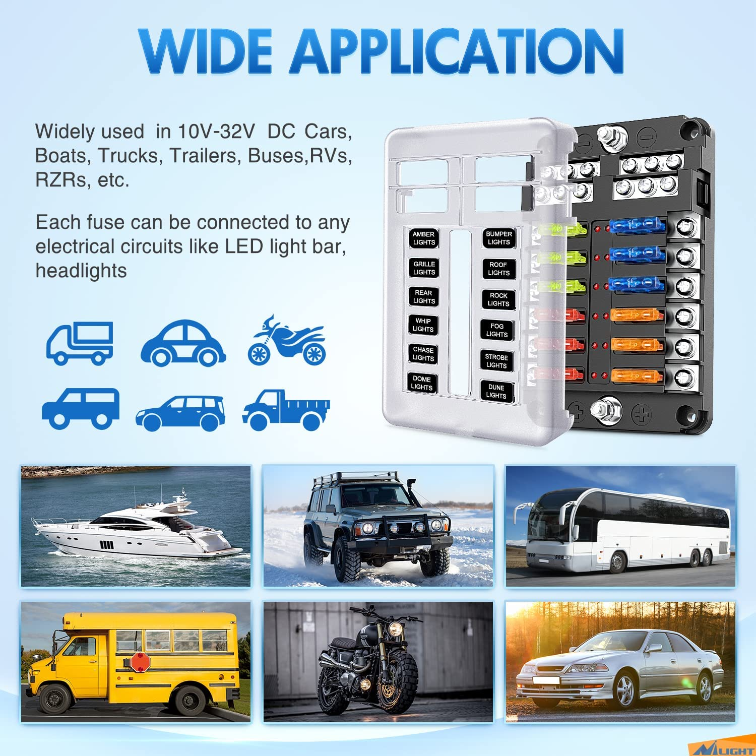 Nilight 12 Way Blade Fuse Block 12 Circuits with Negative Bus Fuse Box Holder with LED Indicator ATO/ATC Fuse Panel Waterproof Cover for 12V Automotive Cars Marine Boats,Rvs,Trailers image number 3