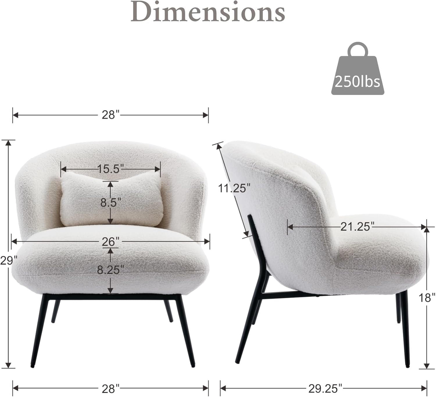Modern Accent Chair, Upholstered Sherpa Fabric Side Chair Guest Chair with Small Pillow Black Metal Legs, Comfy Lounge Chair for Living Room Bedroom, White image number 2